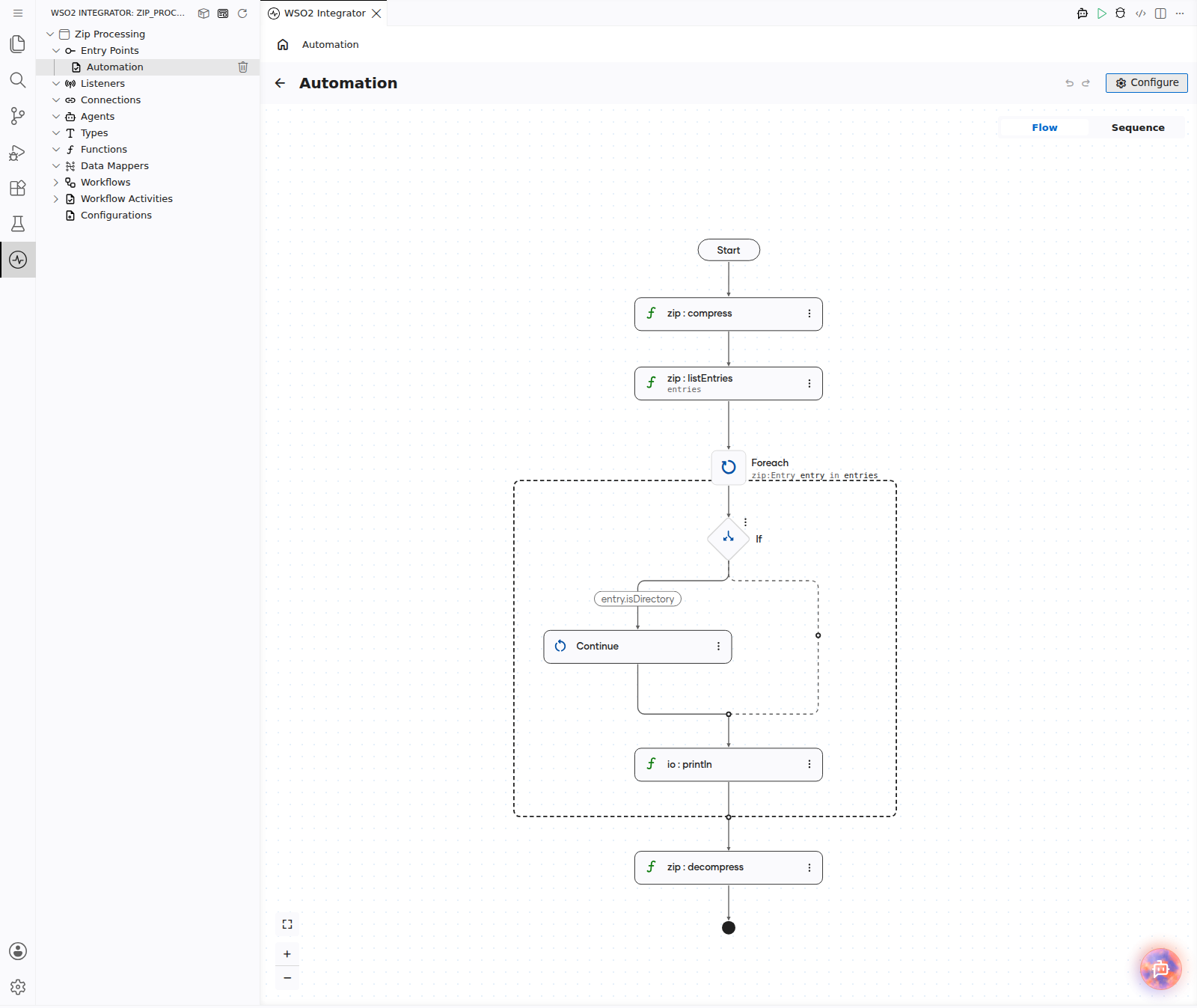 An automation in the flow designer chaining zip : compress, zip : listEntries, a Foreach over the entries, and zip : decompress
