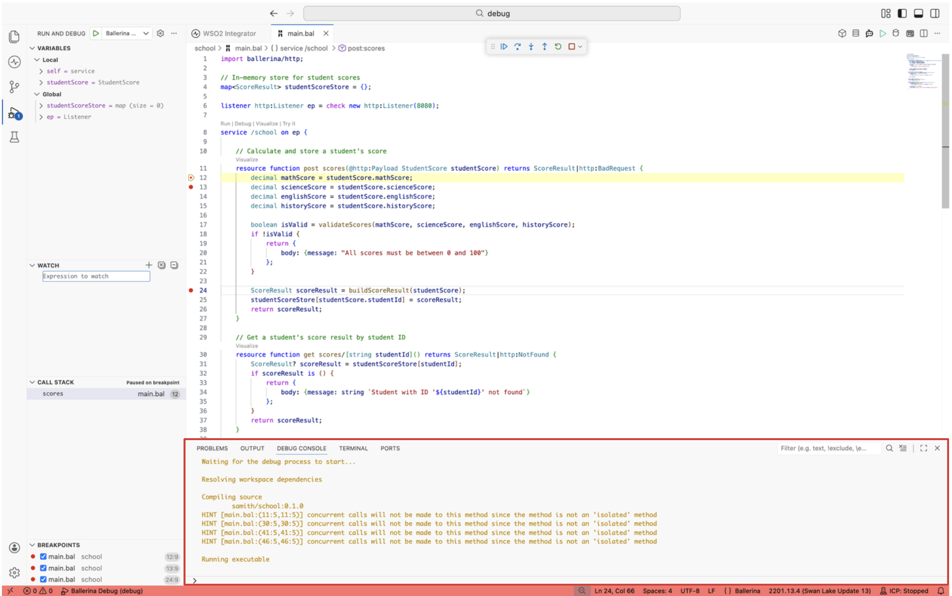 Debug console evaluating a Ballerina expression