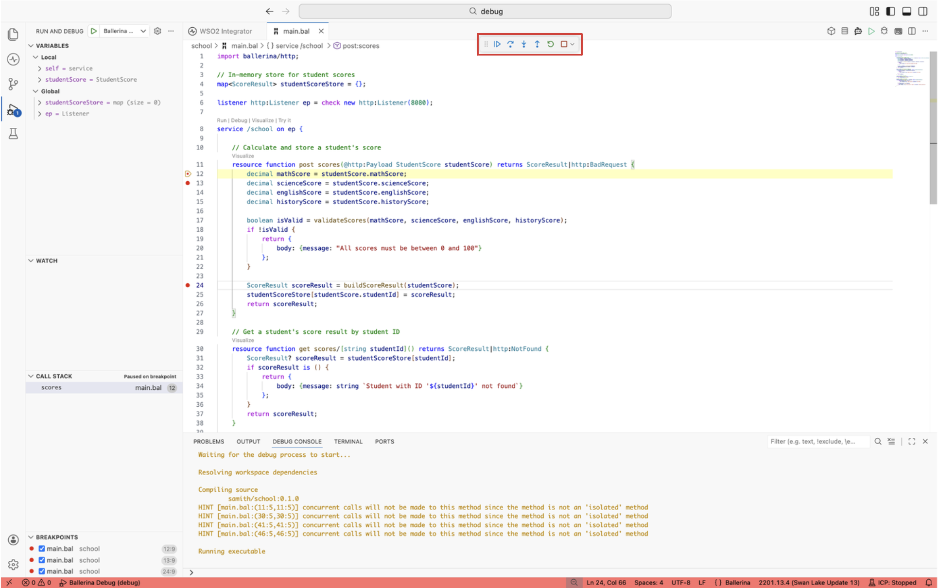 Debug toolbar with continue, step over, step into, step out, restart, and stop controls