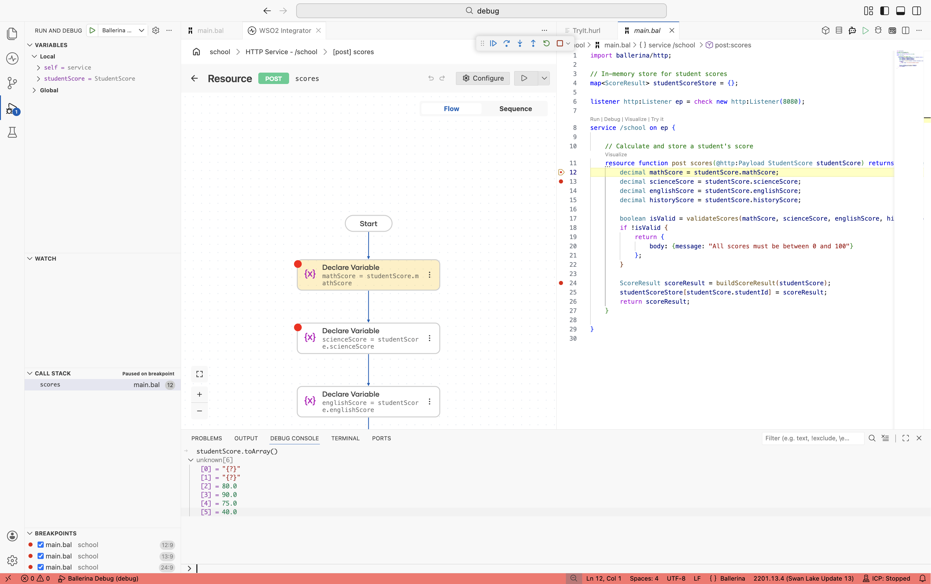 Evaluating a Ballerina expression in the Debug Console