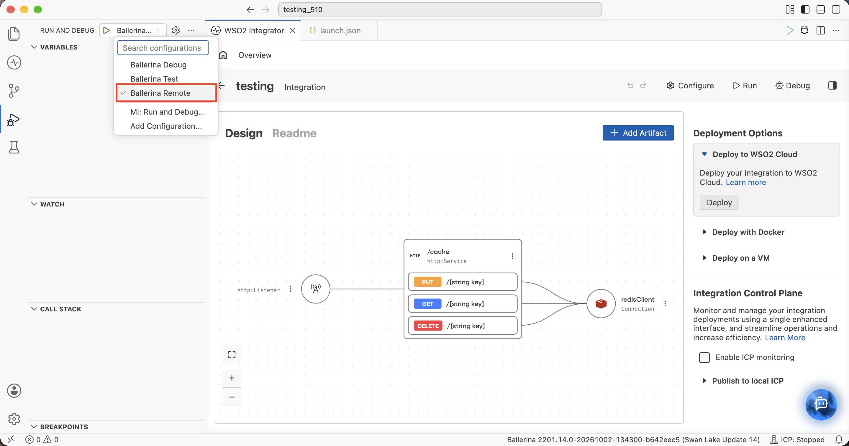 Run and Debug configuration dropdown with Ballerina Remote selected