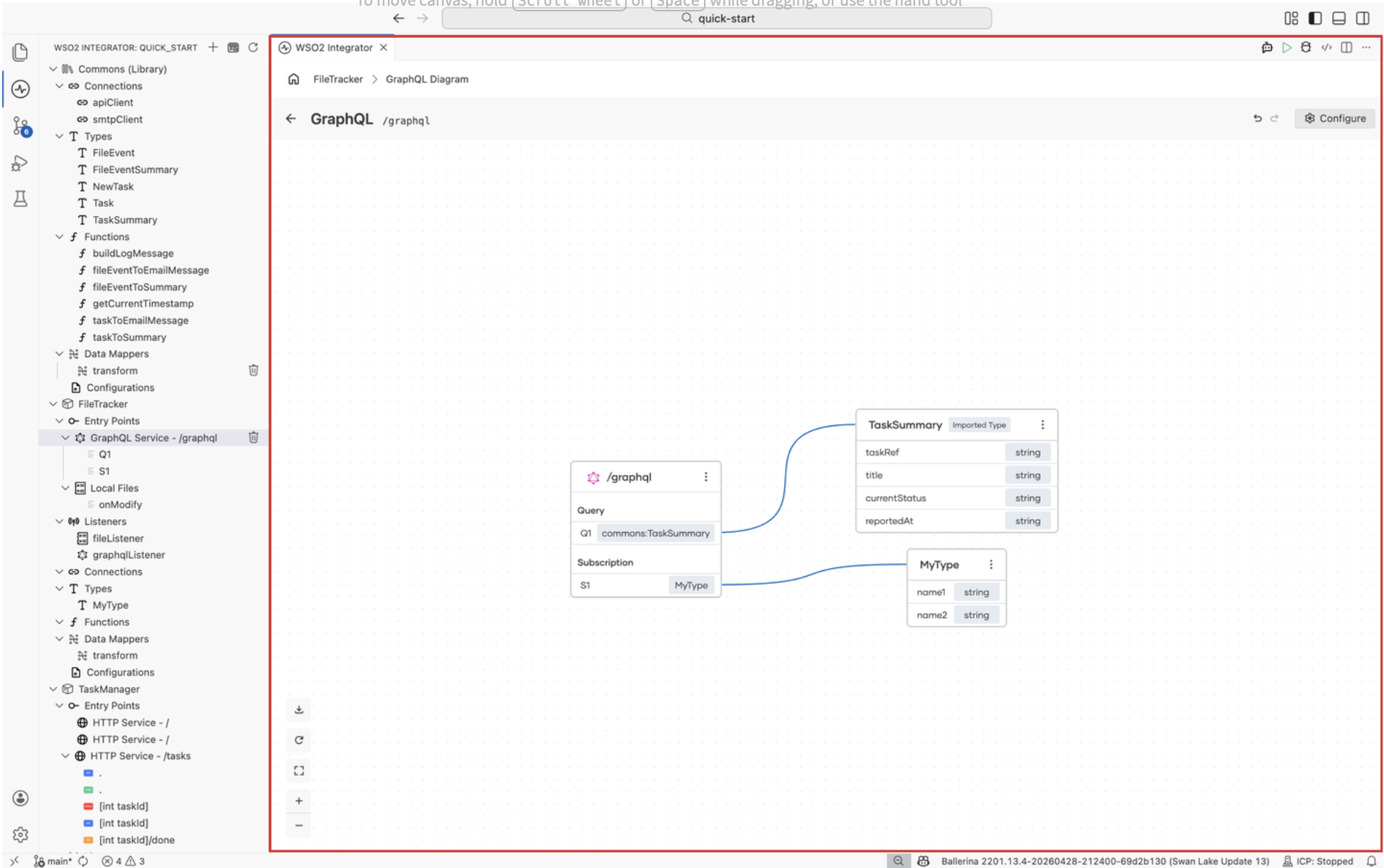 GraphQL Canvas showing a GraphQL service with its queries, subscription, and referenced types