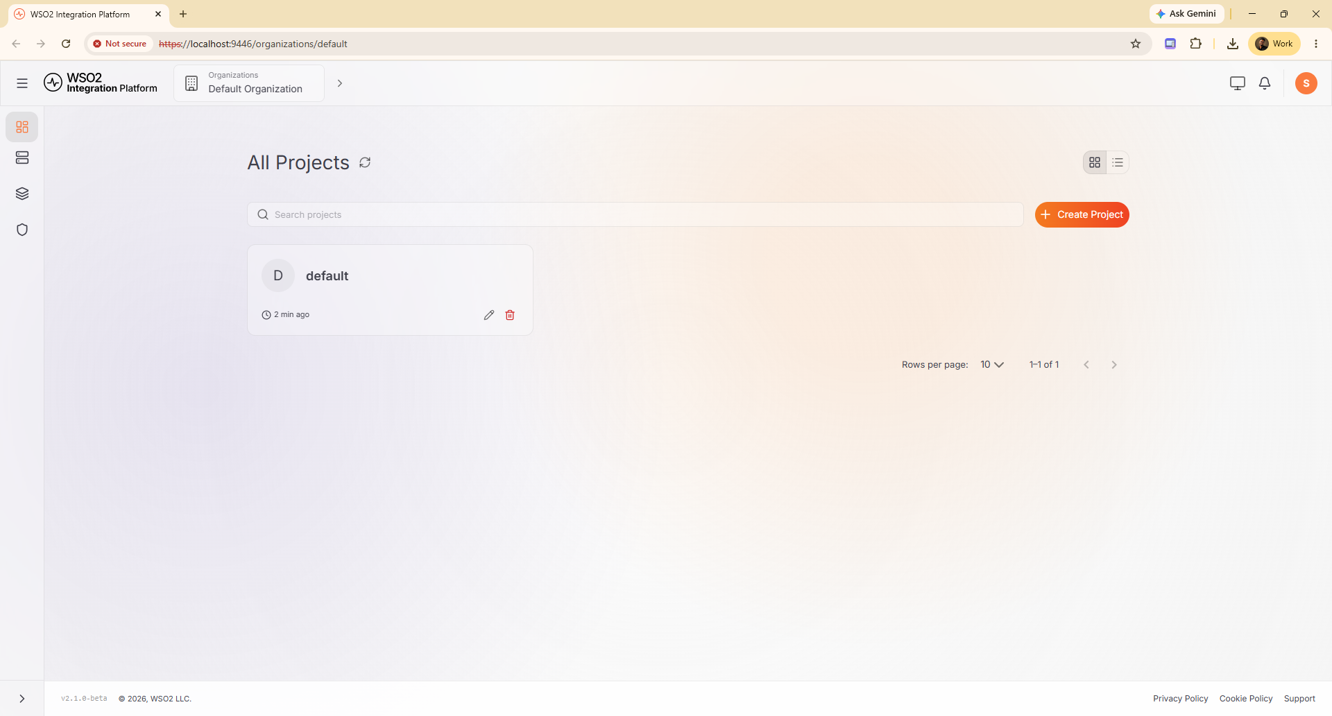 The ICP console listing the default project.