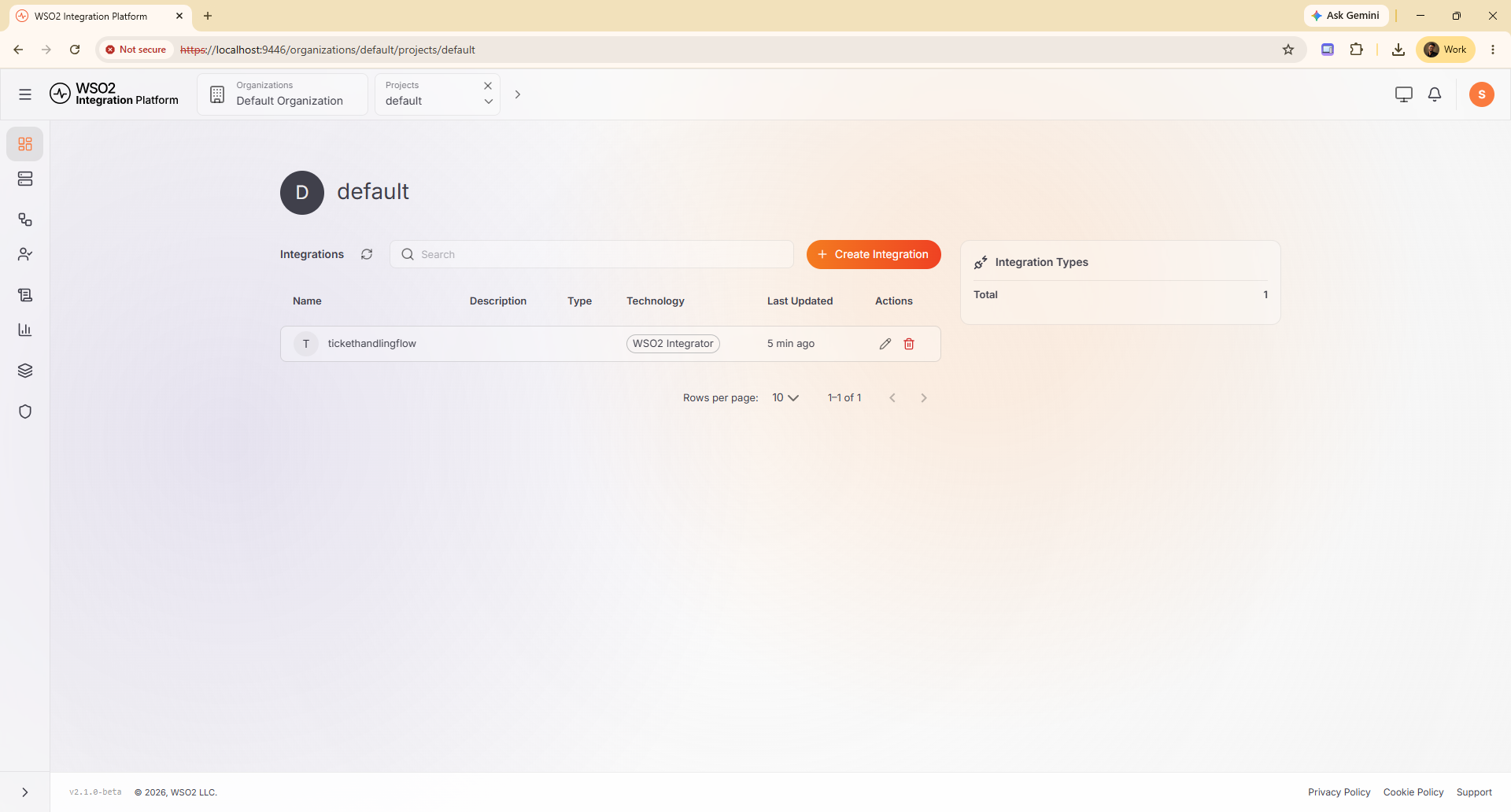The ICP console listing the running integration in the default project.