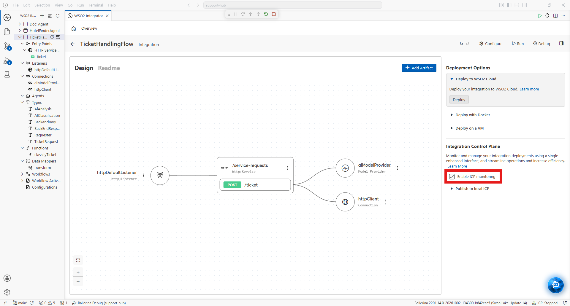 The integration view with the Integration Control Plane section and the Enable ICP monitoring button.