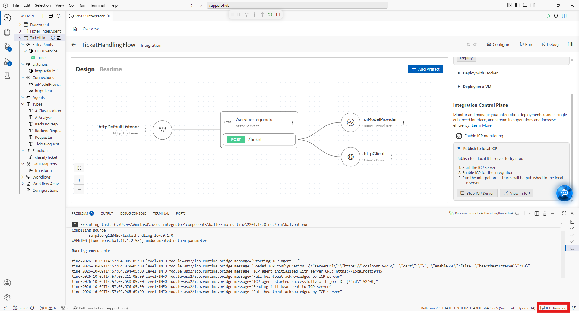 A running ICP-enabled integration, with the ICP agent logs in the terminal and the Stop ICP Server and View in ICP buttons.