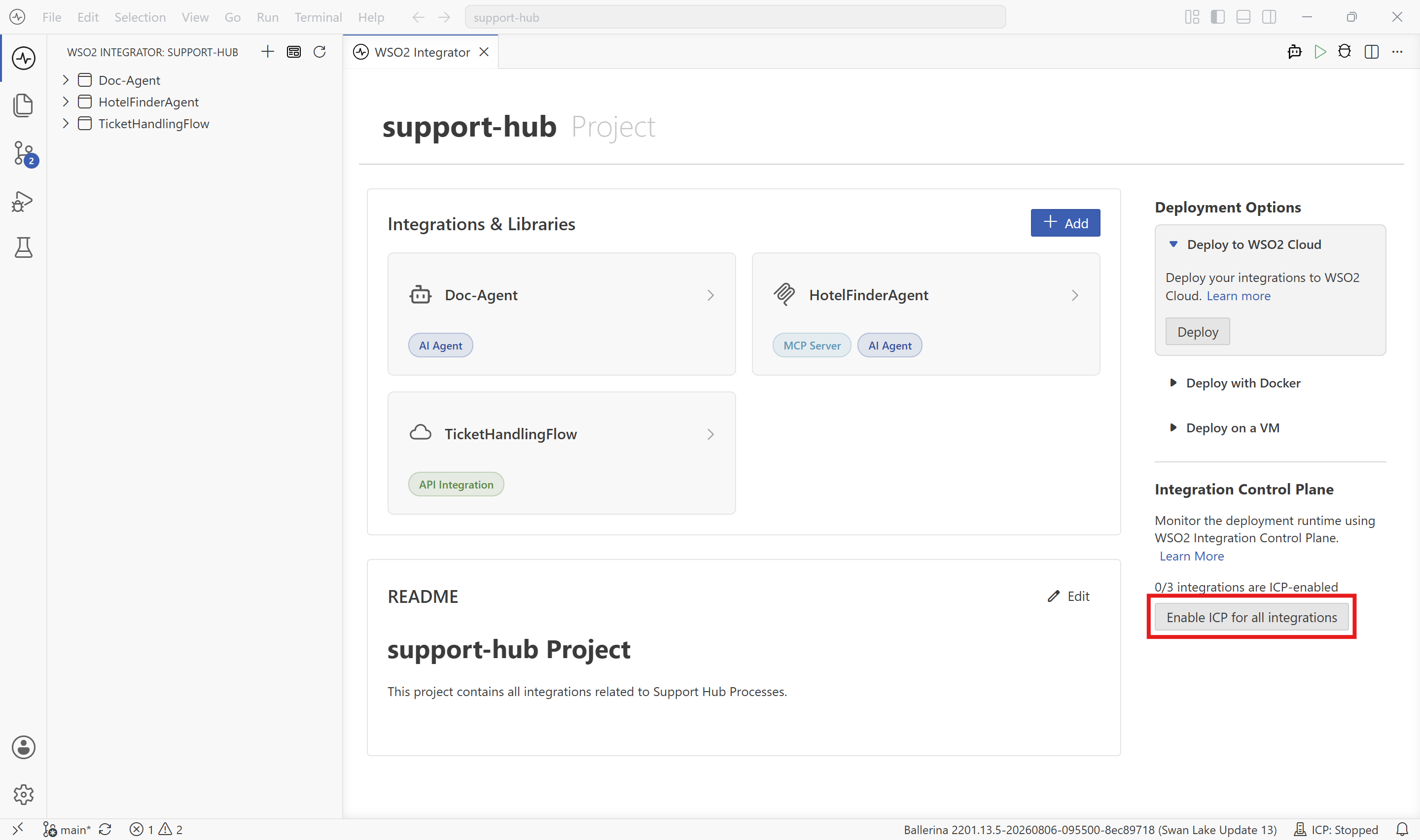 The project overview with the Integration Control Plane section and the Enable ICP for all integrations button.