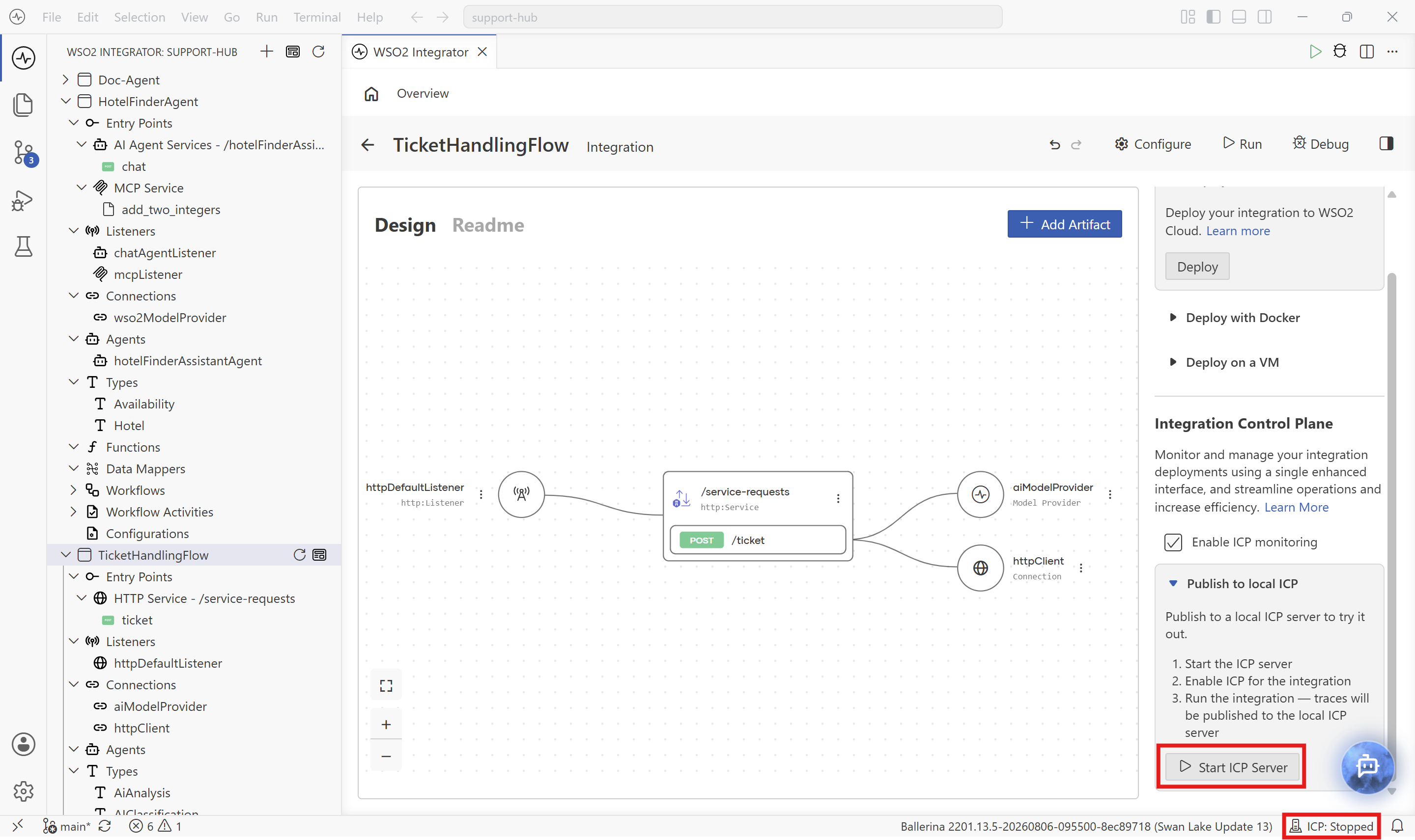 The Publish to local ICP section of an integration overview with the Start ICP Server button.