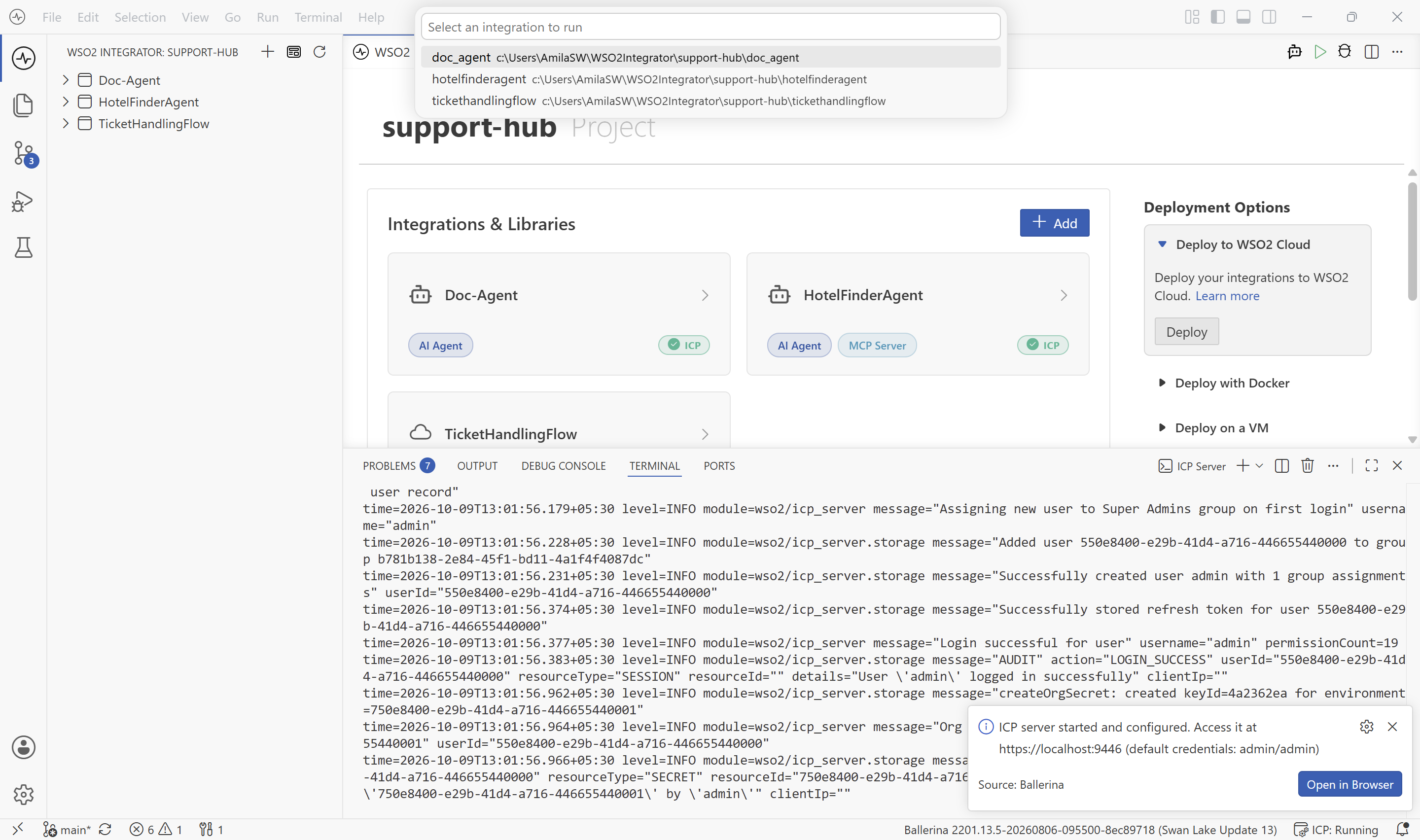 The notification confirming the ICP server has started, with the ICP Server terminal open.