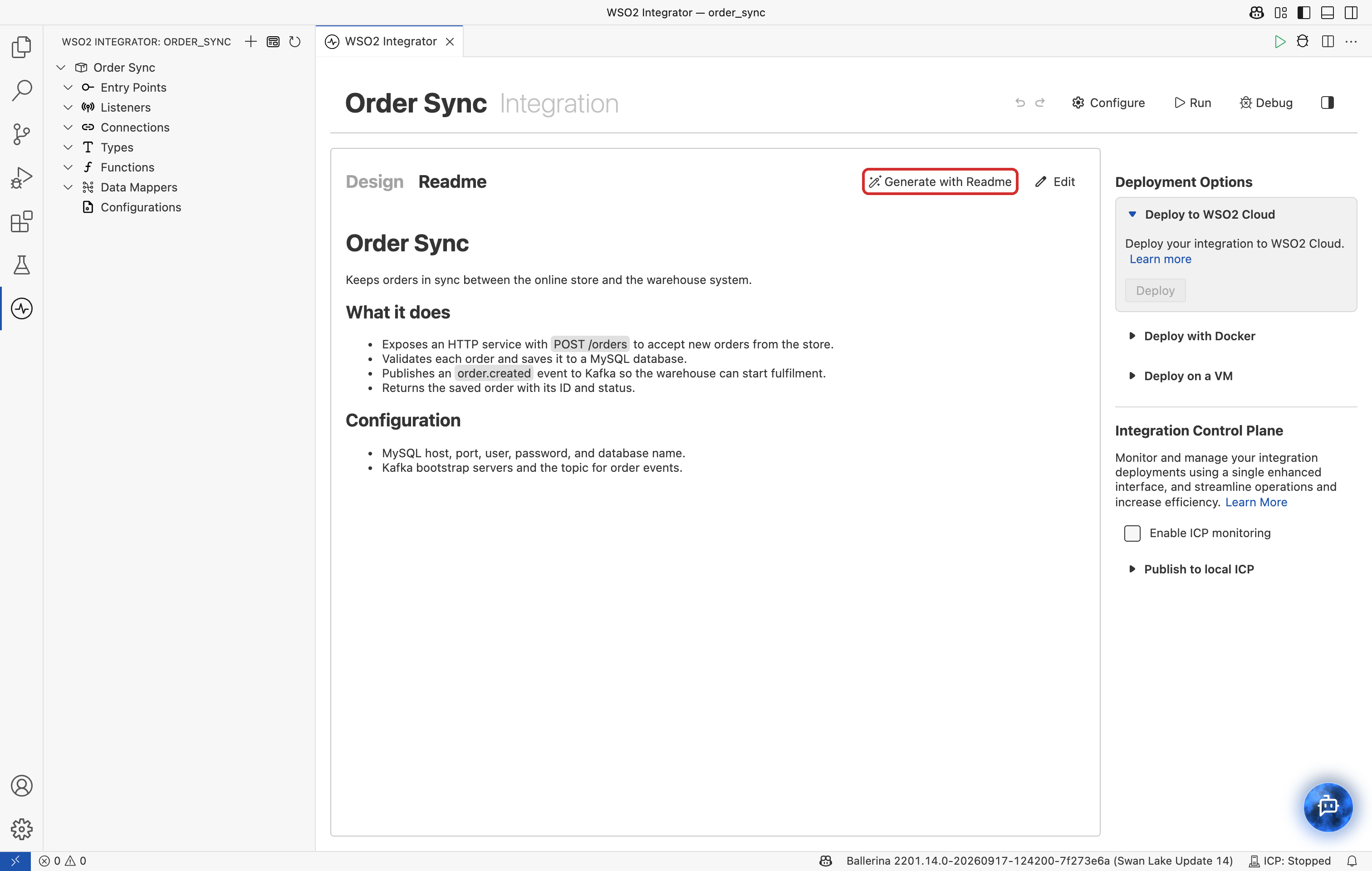 The Readme tab of a new integration showing the README content and the Generate with Readme button.