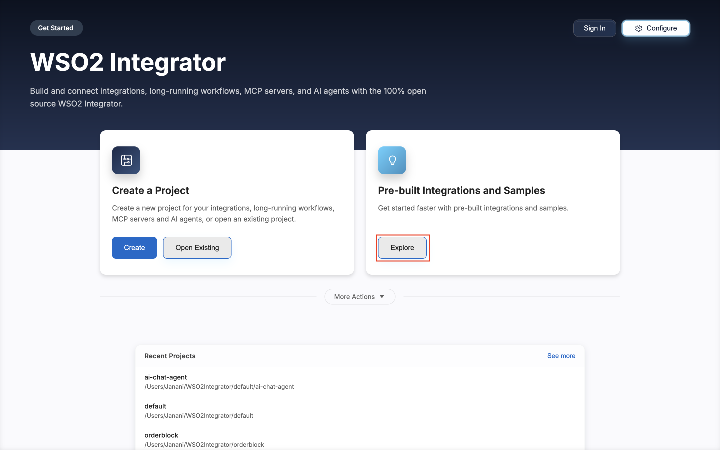WSO2 Integrator home screen