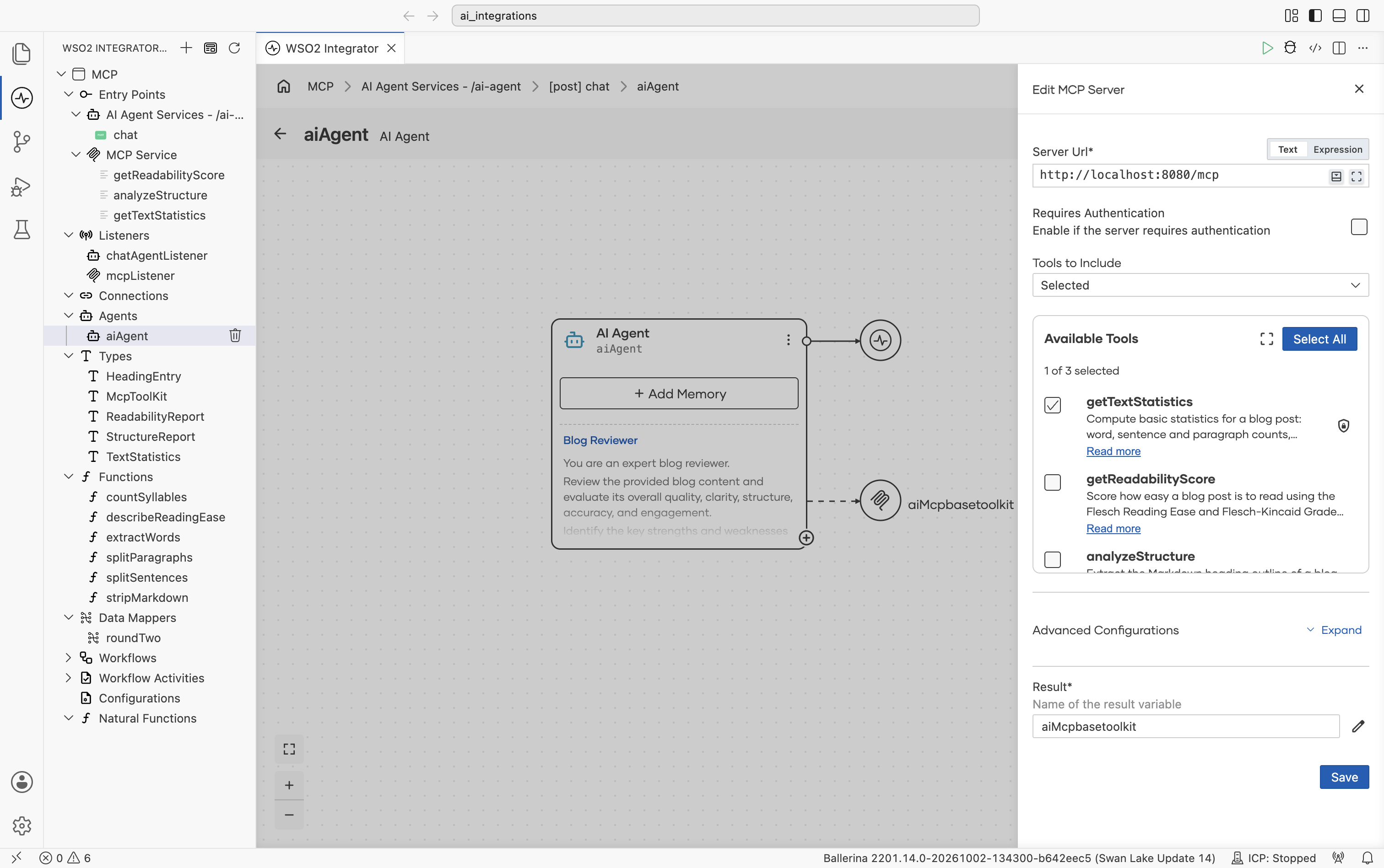 The Edit MCP Server panel with Tools to Include set to Selected, showing the Available Tools list (1 of 3 selected) with getTextStatistics checked and getReadabilityScore and analyzeStructure unchecked, each with a Read more link.