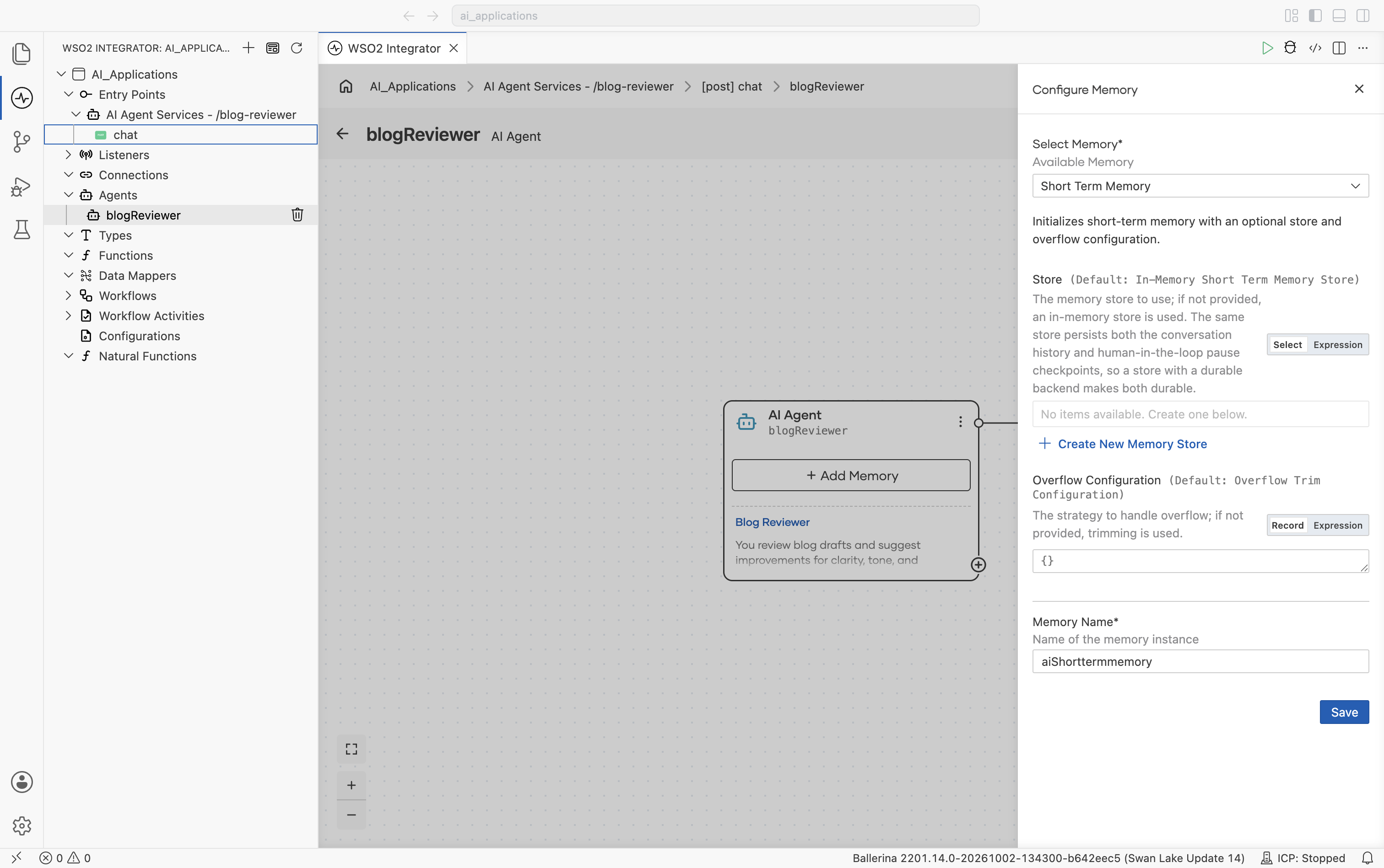 The Configure Memory panel: Select Memory dropdown set to Short Term Memory, with description 'Initializes short-term memory with an optional store and overflow configuration.' Store (Default: In-Memory Short Term Memory Store) with a Select/Expression toggle and a + Create New Memory Store link. Overflow Configuration (Default: Overflow Trim Configuration) with a Record/Expression toggle. Memory Name set to aiShorttermmemory. Save button at the bottom.