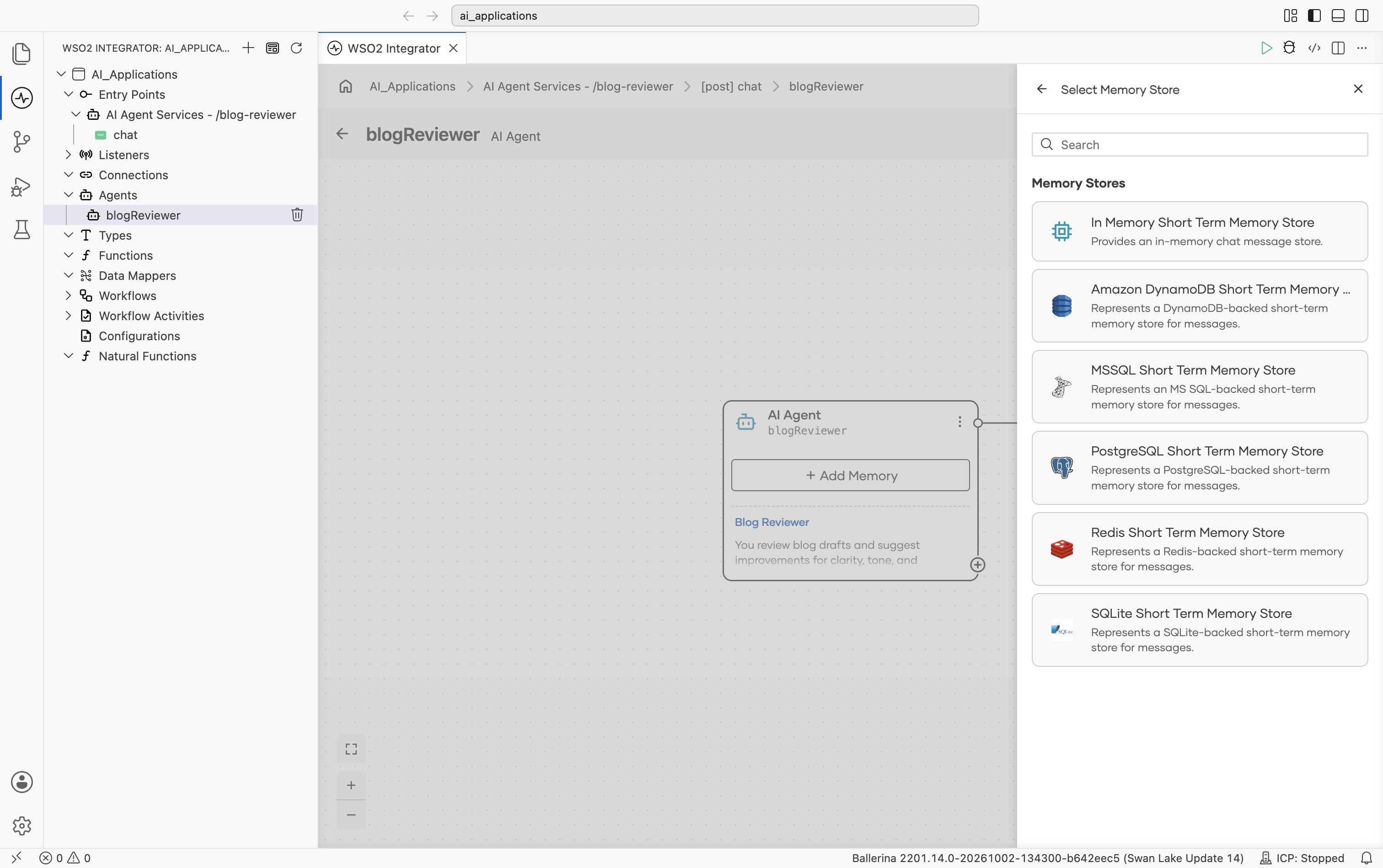 The Select Memory Store panel with a search box and six stores: In Memory Short Term Memory Store, Amazon DynamoDB Short Term Memory Store, MSSQL Short Term Memory Store, PostgreSQL Short Term Memory Store, Redis Short Term Memory Store, and SQLite Short Term Memory Store, each with a short description.