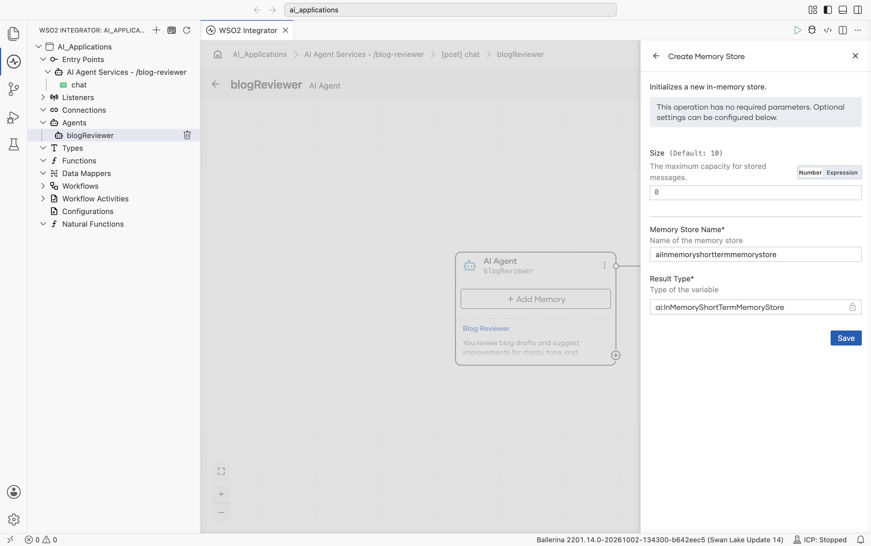 Create Memory Store form for an in-memory store. Fields: Size (Default: 10). Memory Store Name* (default 'aiInmemoryshorttermmemorystore'). Result Type* (default 'ai:InMemoryShortTermMemoryStore', locked). Save button.