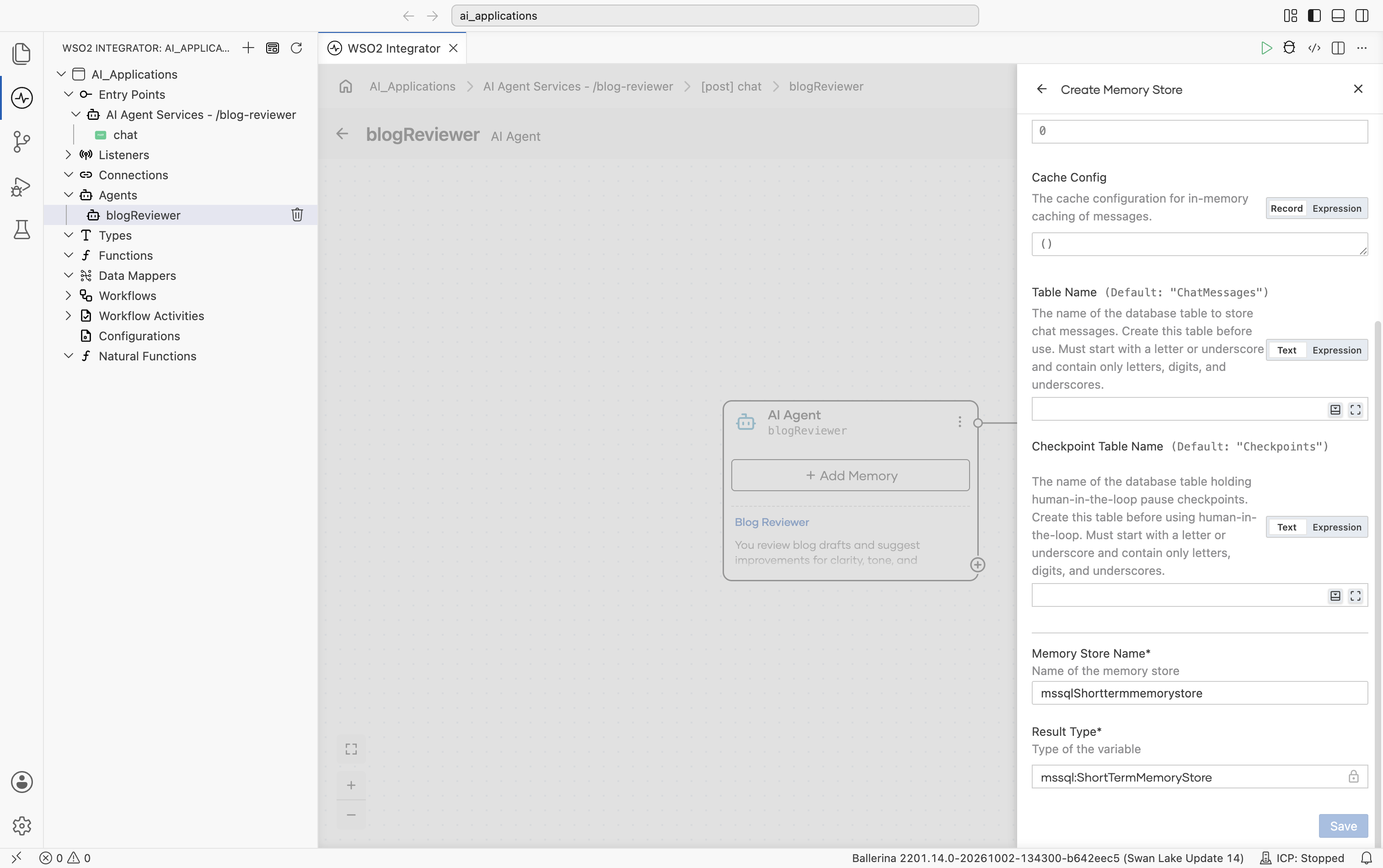 Bottom of the Create Memory Store form for MSSQL showing the end of Table Name, Checkpoint Table Name, Memory Store Name* (default 'mssqlShorttermmemorystore'), Result Type* (default 'mssql:ShortTermMemoryStore', locked), and the Save button.