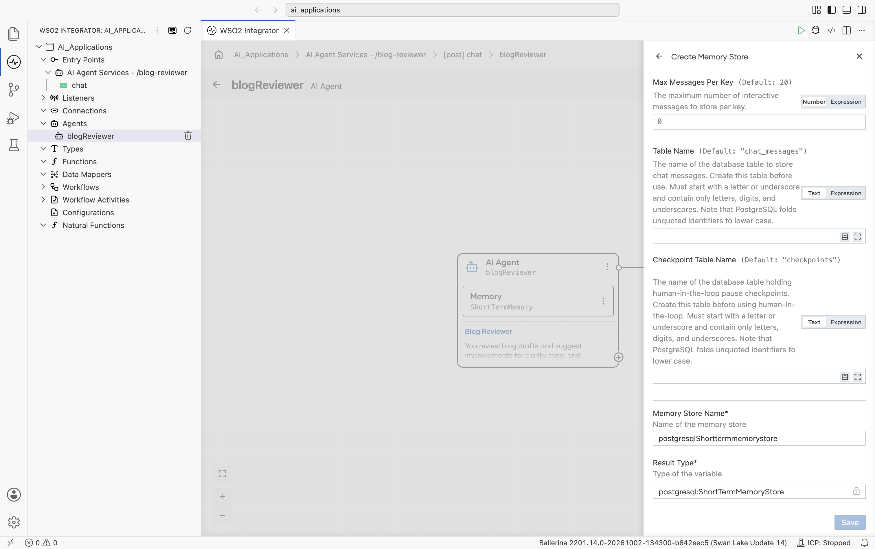 Bottom of the Create Memory Store form for PostgreSQL showing Memory Store Name* (default 'postgresqlShorttermmemorystore'), Result Type* (default 'postgresql:ShortTermMemoryStore', locked), and the Save button.
