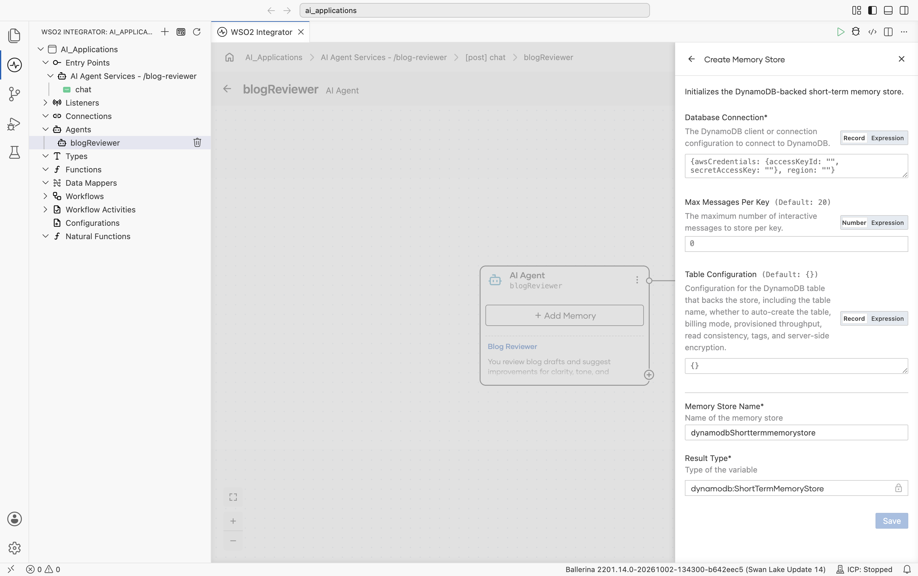 Create Memory Store form for Amazon DynamoDB. Fields: Database Connection* (default empty AWS credentials and region), Max Messages Per Key (Default: 20), Table Configuration (Default: empty), Memory Store Name* (default 'dynamodbShorttermmemorystore'), Result Type* (default 'dynamodb:ShortTermMemoryStore', locked). Save button.