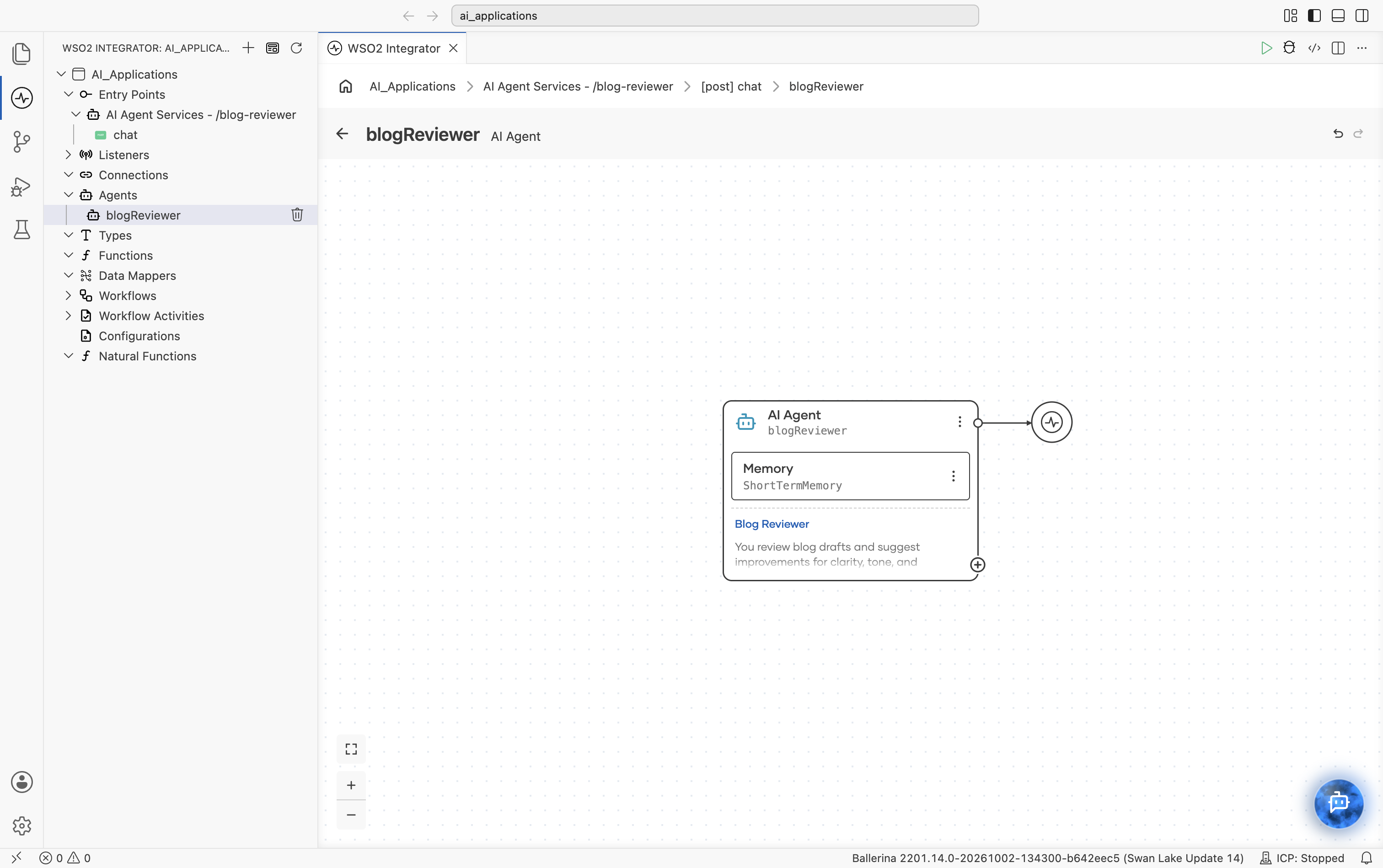 The blogReviewer AI Agent node with an additional inner sub-block 'Memory: ShortTermMemory', between the agent header and the Blog Reviewer role description.