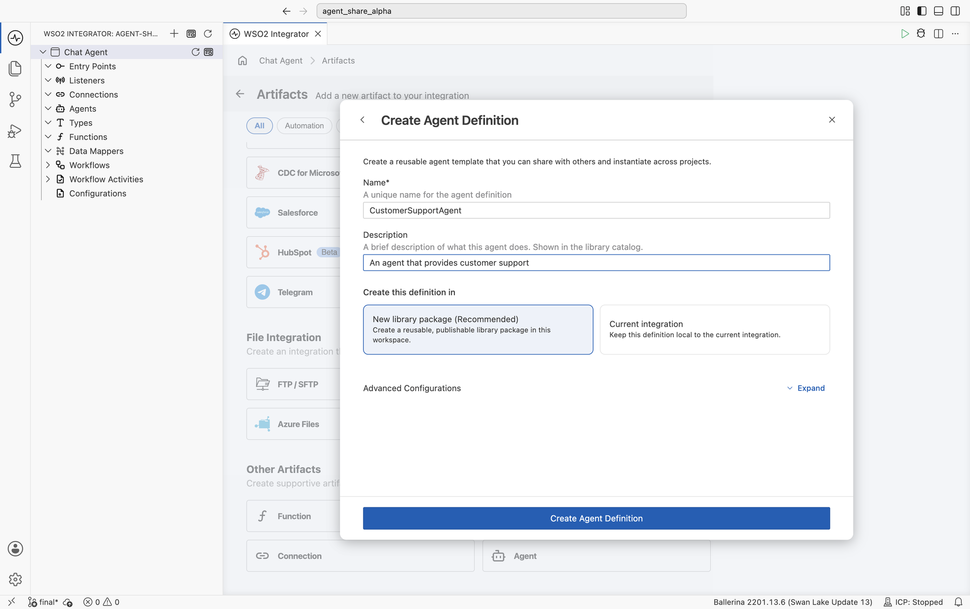 The Create Agent Definition form with Name, Description, a Create this definition in selector set to New library package, and a collapsed Advanced Configurations section.