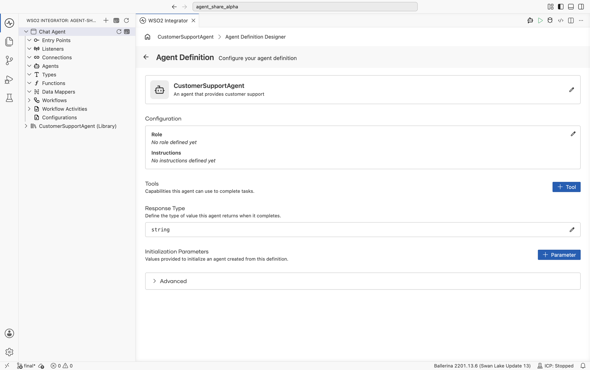 The Agent Definition Designer for CustomerSupportAgent, showing the name and description header, a Configuration card with Role and Instructions, a Tools section with an Add Tool button, a Response Type set to string, an Initialization Parameters section, and a collapsed Advanced section.