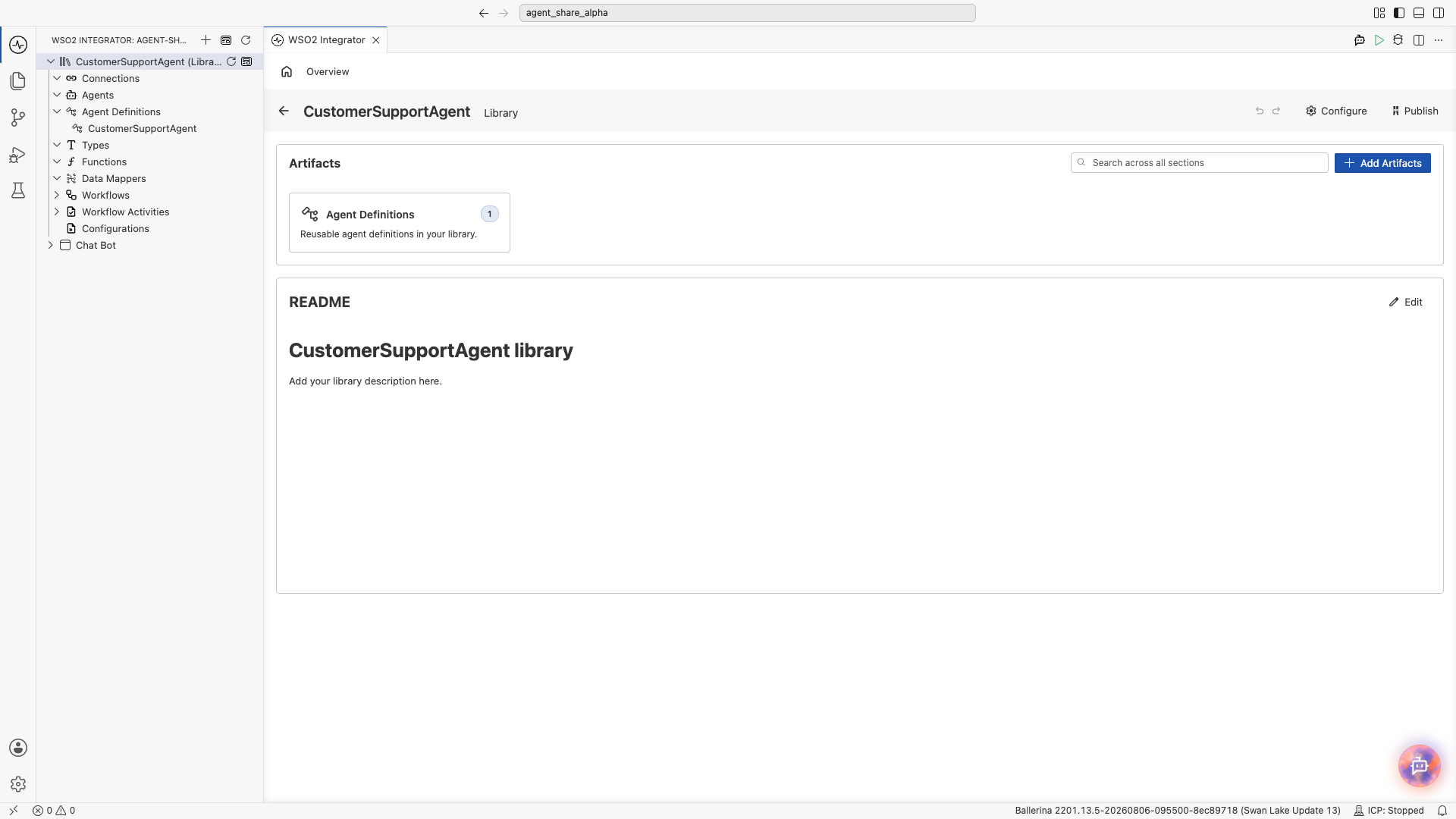 The library Overview page for CustomerSupportAgent, with Configure and Publish buttons in the header, an Artifacts section listing Agent Definitions, and an editable README section.
