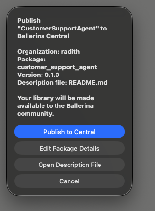 The publish dialog showing the organization, package name, version, and description file, with Publish to Central, Edit Package Details, Open Description File, and Cancel options.