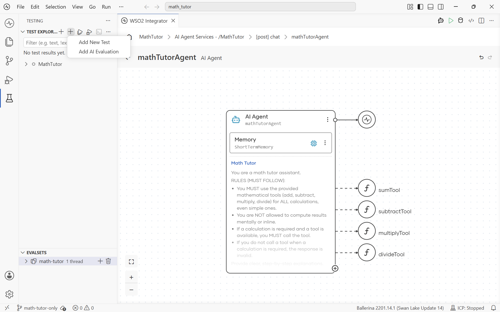 Test Explorer in the Testing view with the math-tutor evalset listed under Evalsets, ready to add a new AI evaluation.