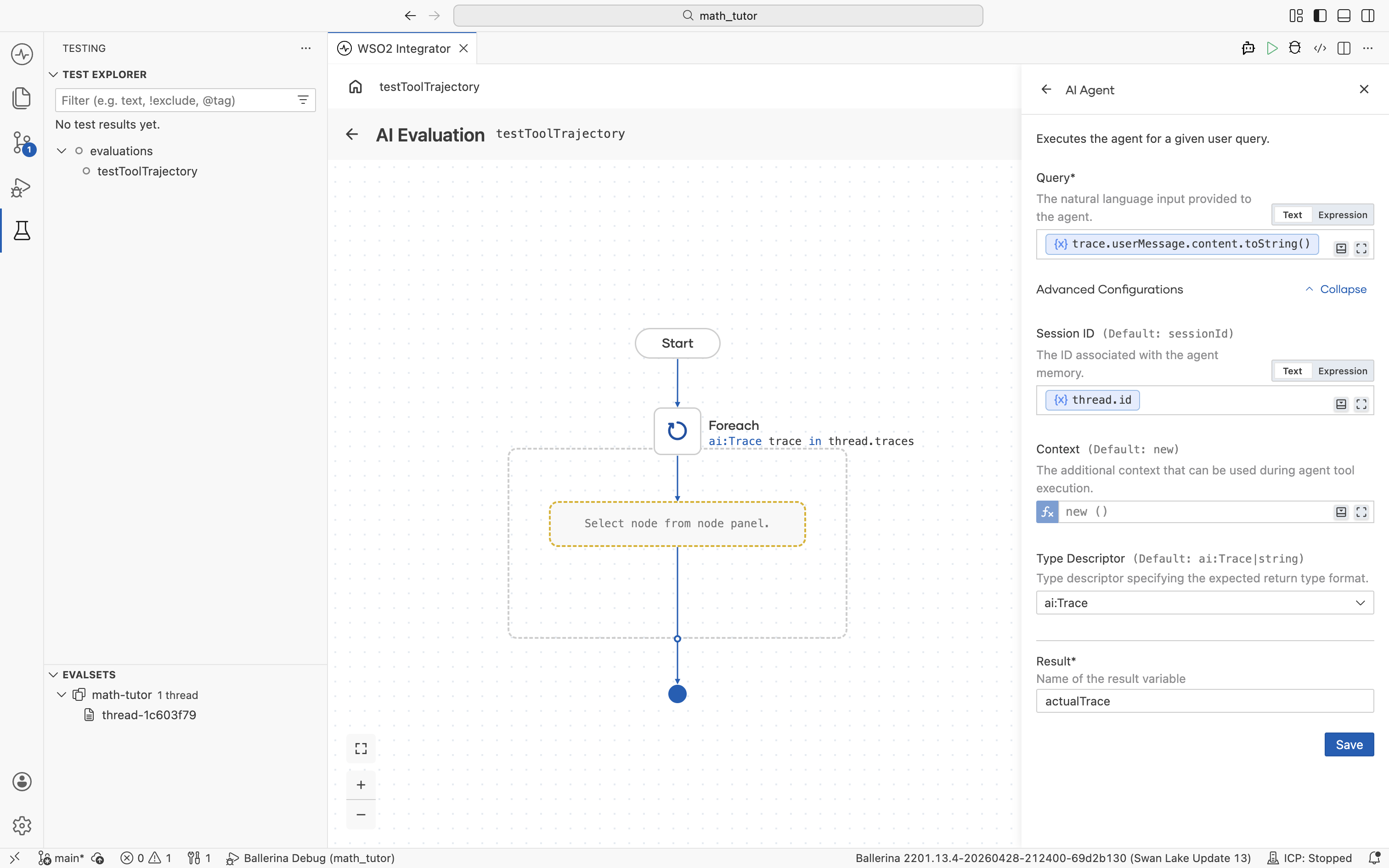 AI Agent configuration panel with Query, Session ID, Context, Type Descriptor, and Result fields filled in.