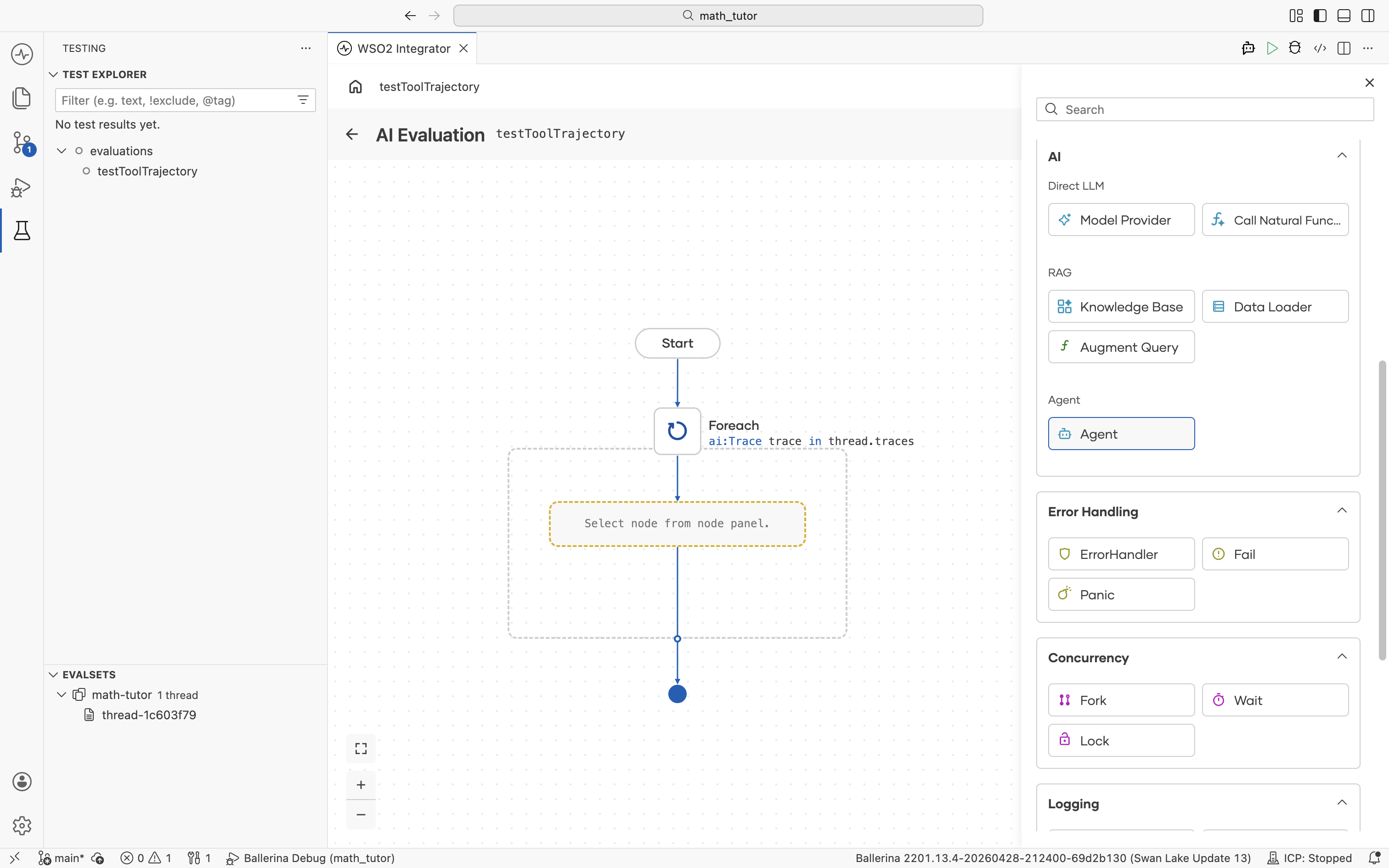 Node panel scrolled to the AI category showing Direct LLM, RAG, and an Agent button.