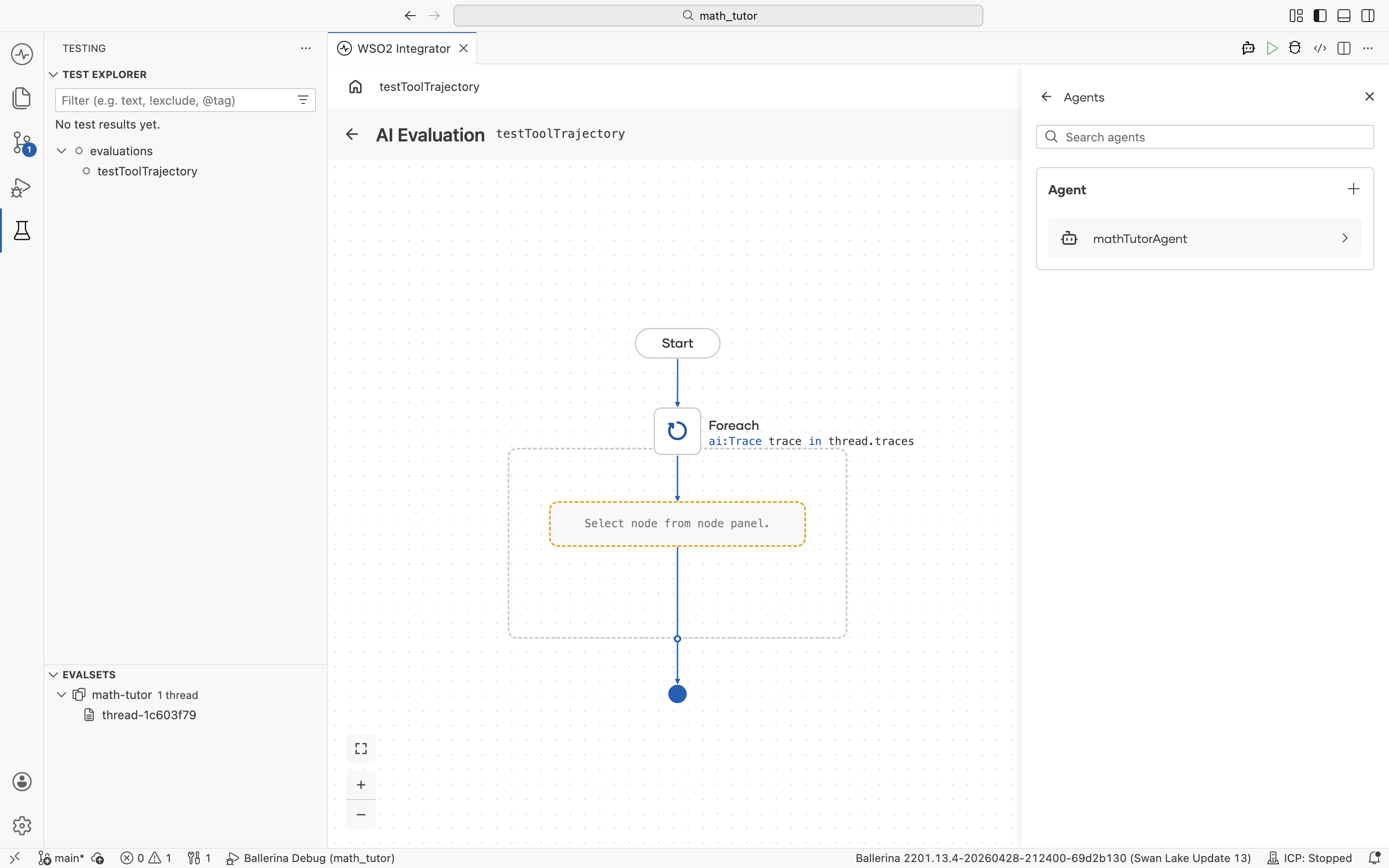 Agents picker showing the mathTutorAgent listed under Agent.