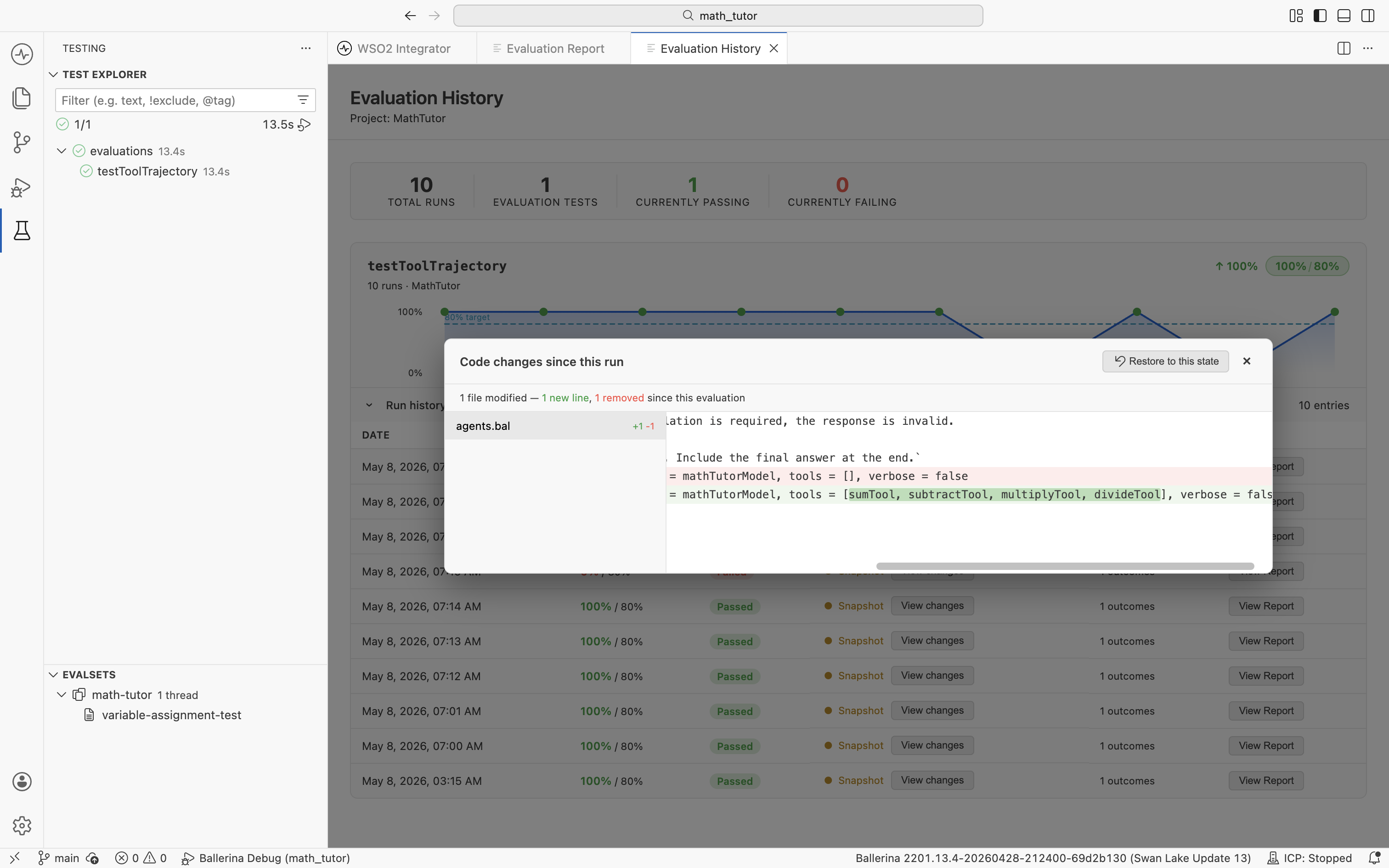Code changes since this run dialog showing a single file with a diff that adds tools to the math tutor model.