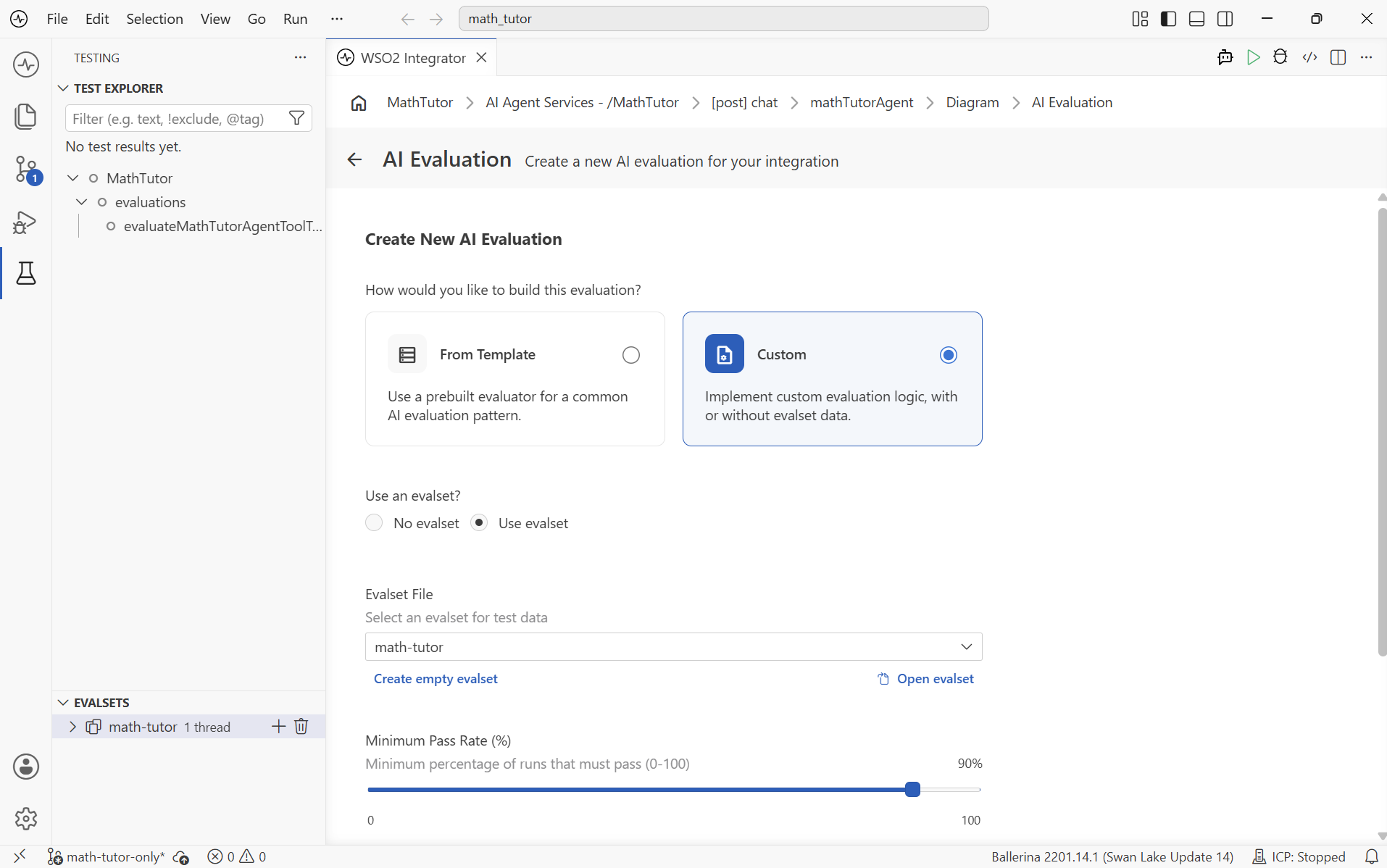 Create New AI Evaluation form with Custom selected, Use evalset chosen, Evalset File set to math-tutor, and Minimum Pass Rate set to 90%.