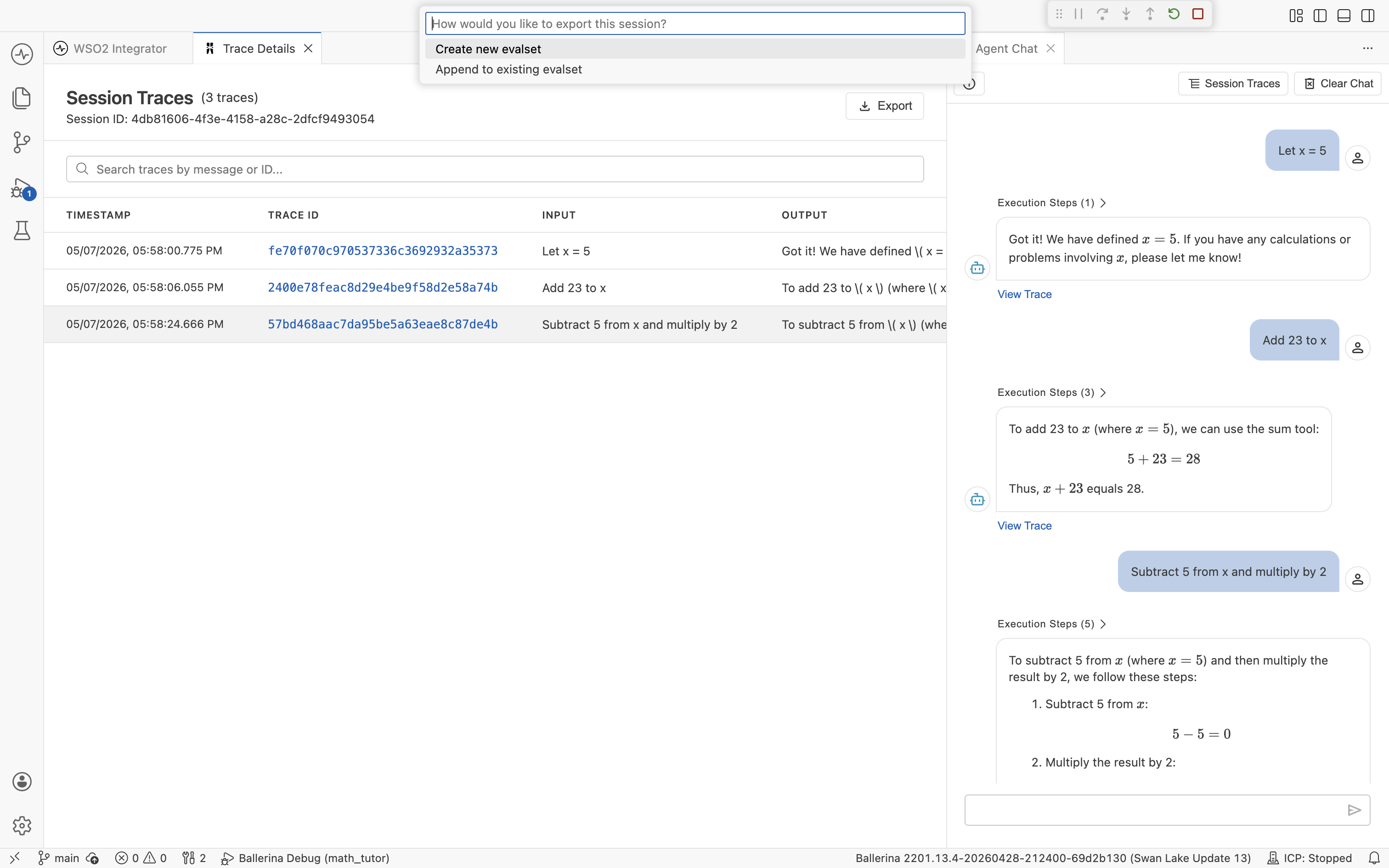 Prompt asking how to export the session, with Create new evalset and Append to existing evalset options.