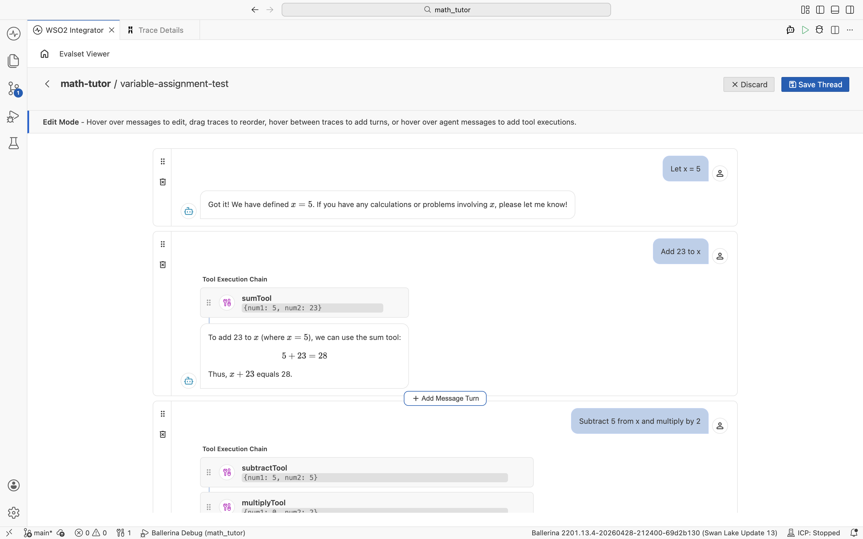 Edit Mode active on the evalset, with the Tool Execution Chain expanded and an Add Message Turn button between turns.