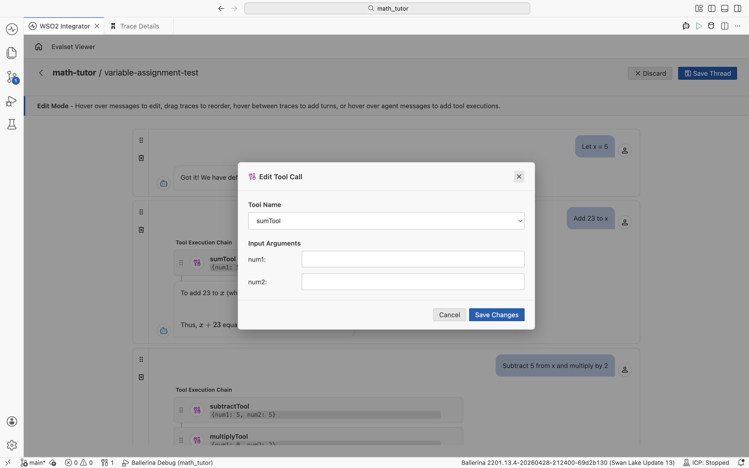 Edit Tool Call dialog with Tool Name set to sumTool and Input Arguments fields num1 and num2.