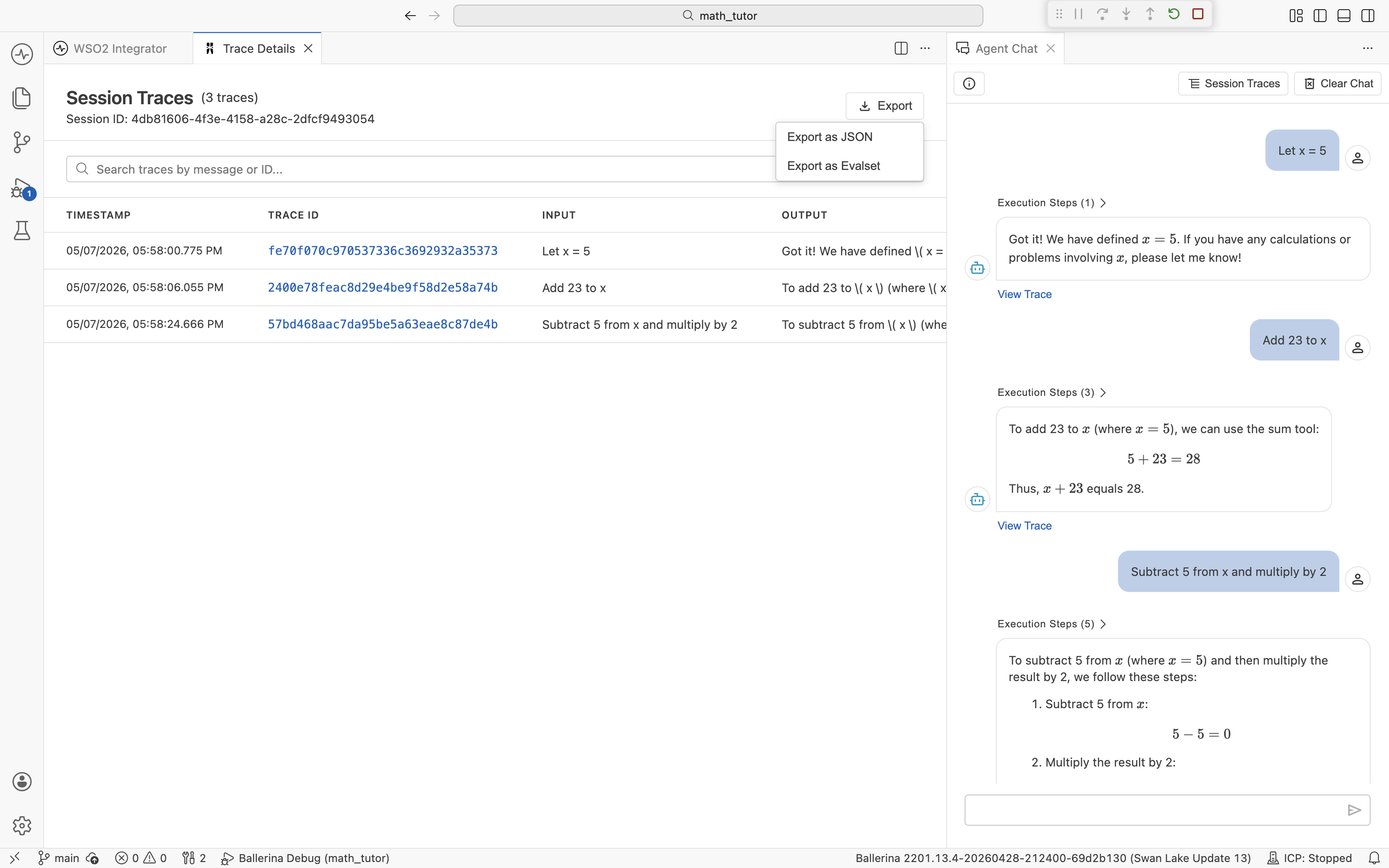 Session Traces view with the Export menu open, showing Export as JSON and Export as Evalset options.