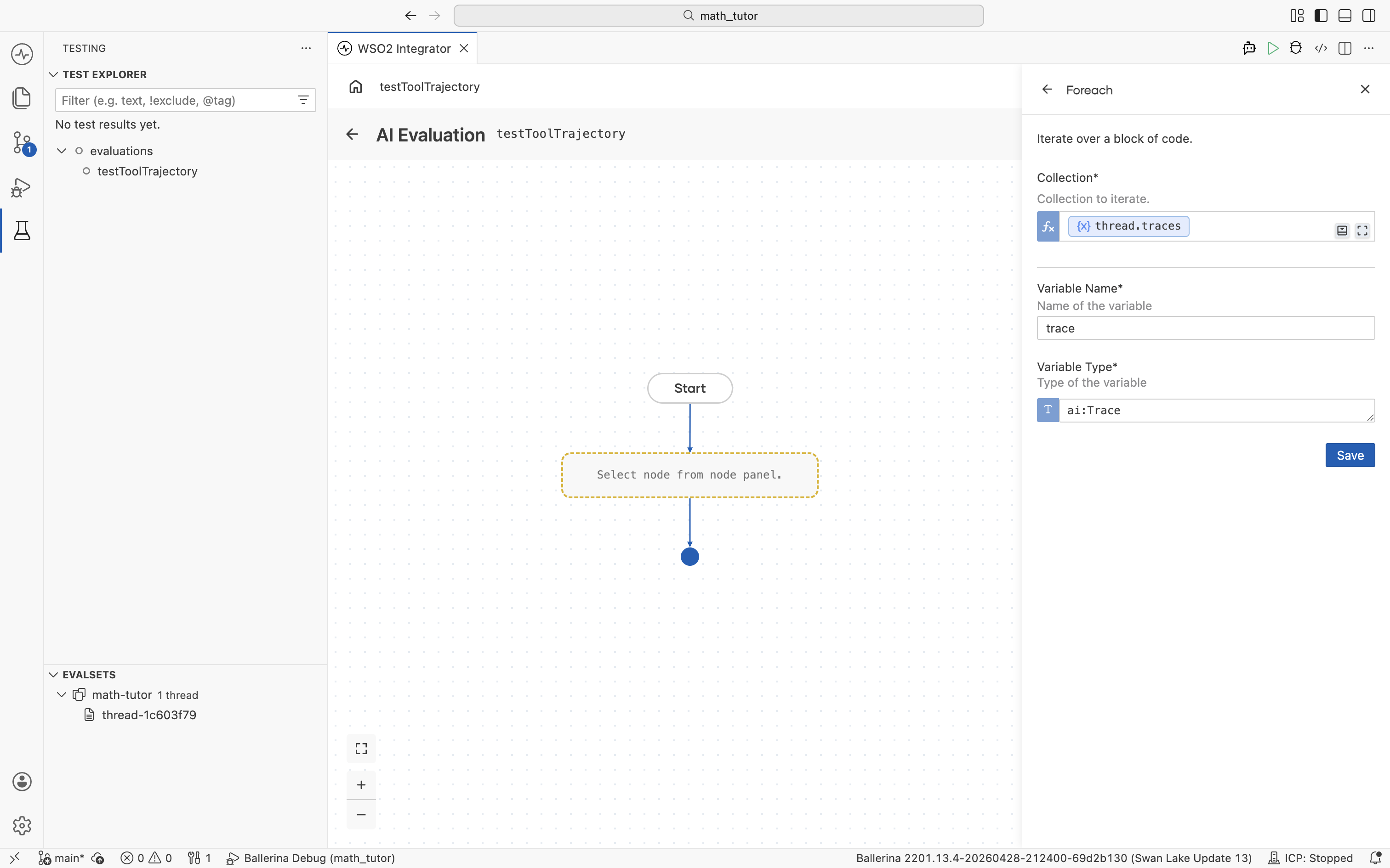Foreach configuration panel with Collection set to thread.traces, Variable Name set to trace, and Variable Type set to ai:Trace.