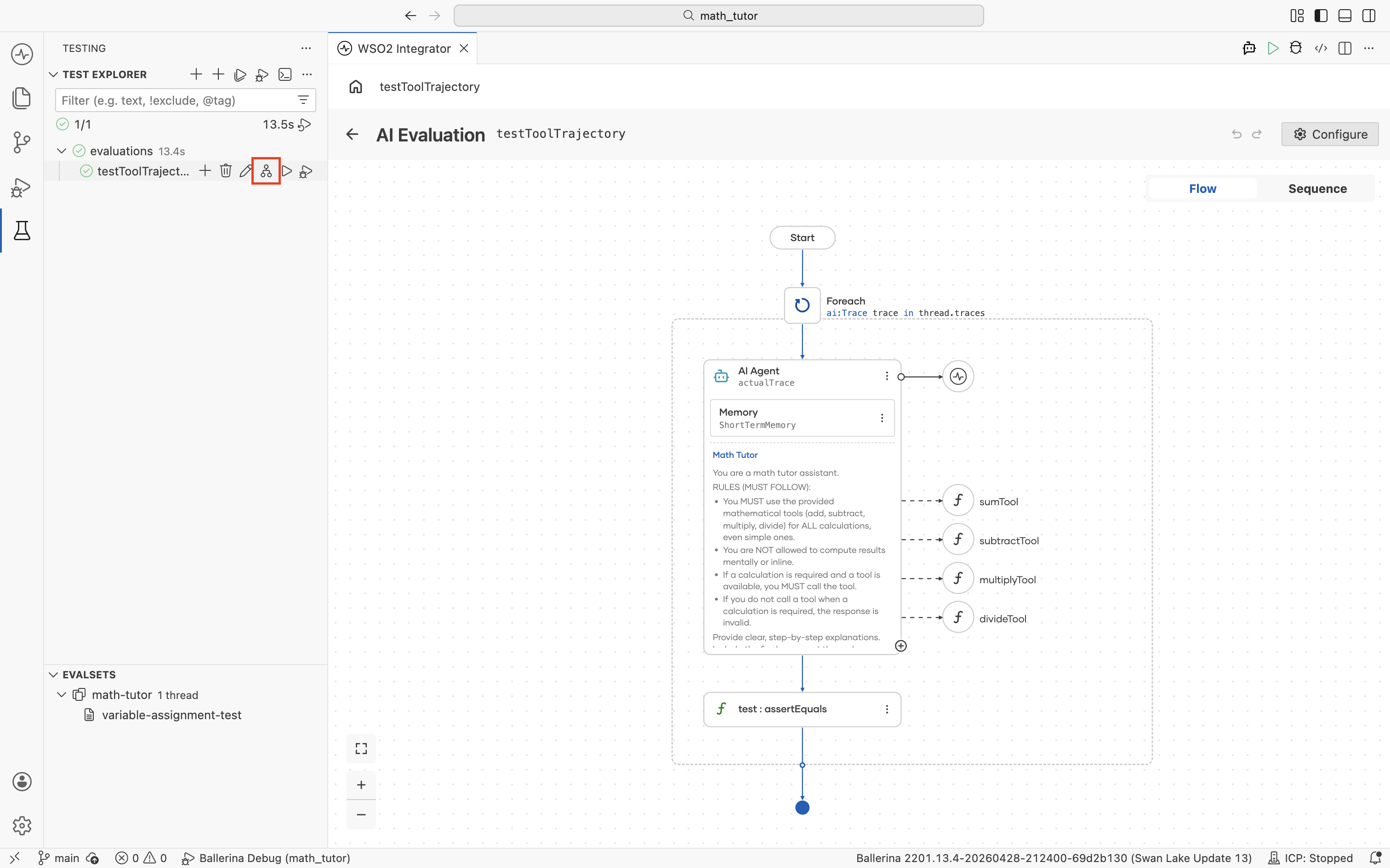 Test Explorer with the flow icon highlighted next to the testToolTrajectory evaluation, opening its visual designer flow on the canvas.