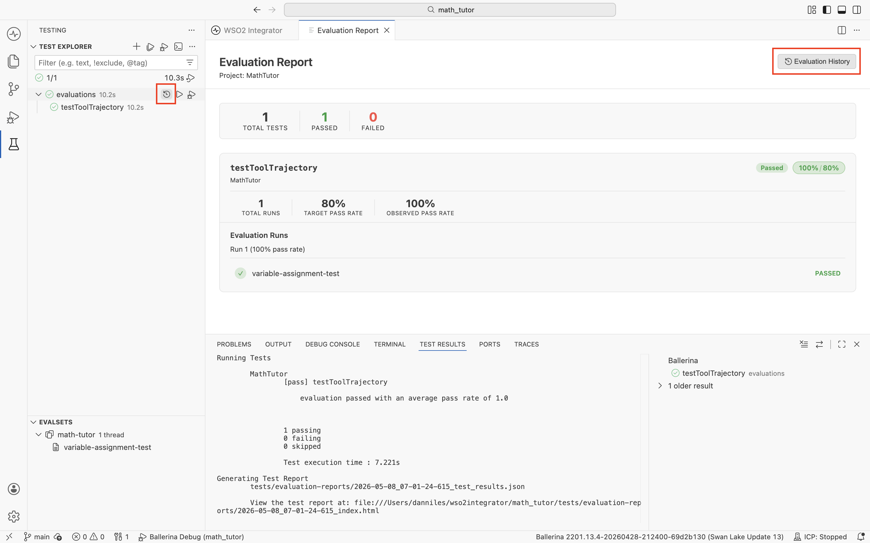 Evaluation Report with the Evaluation History button highlighted at the top right and the history icon highlighted next to evaluations in the Test Explorer.