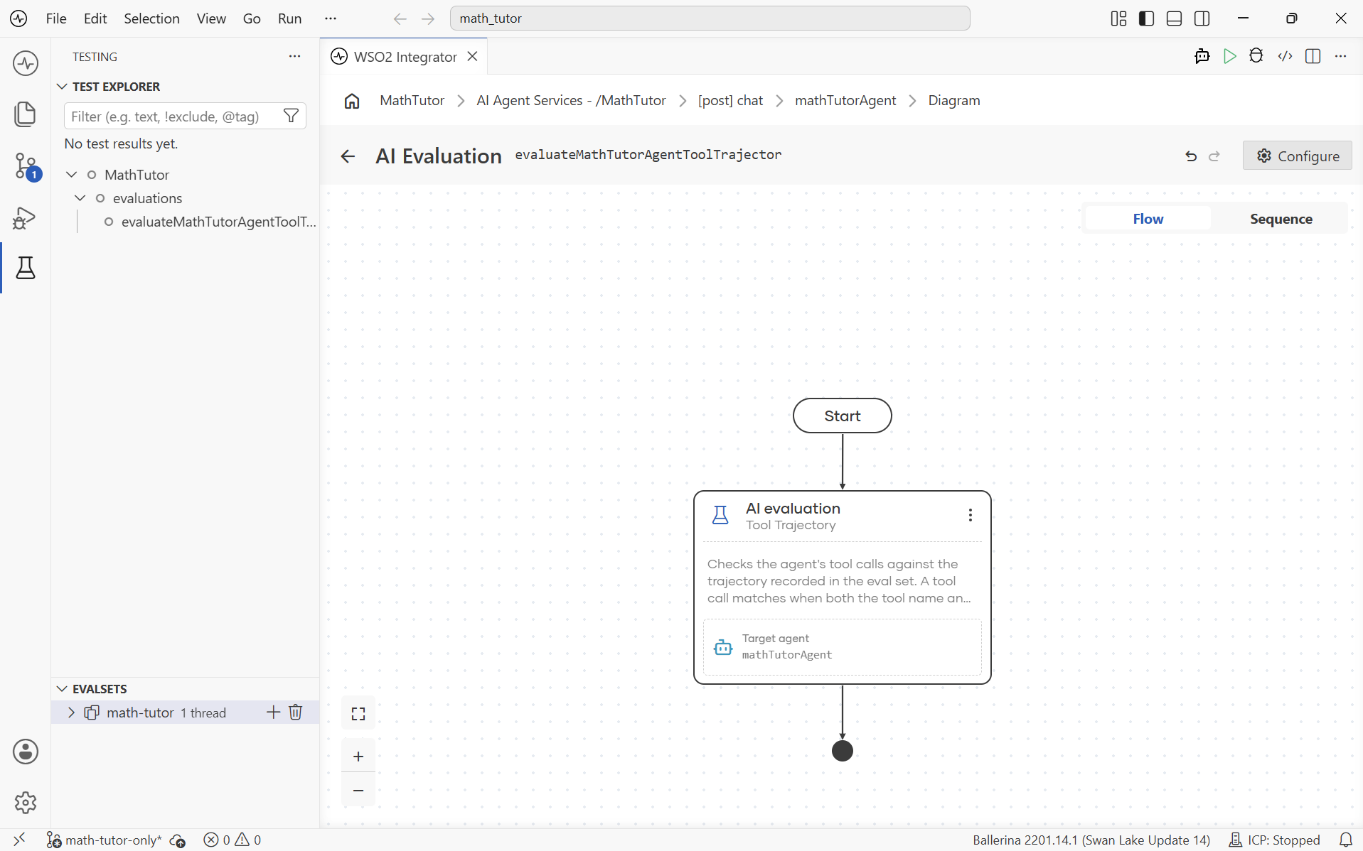 Visual designer showing the evaluateMathTutorAgentToolTrajectory evaluation as an AI evaluation node for the Tool Trajectory template with mathTutorAgent as the target agent.