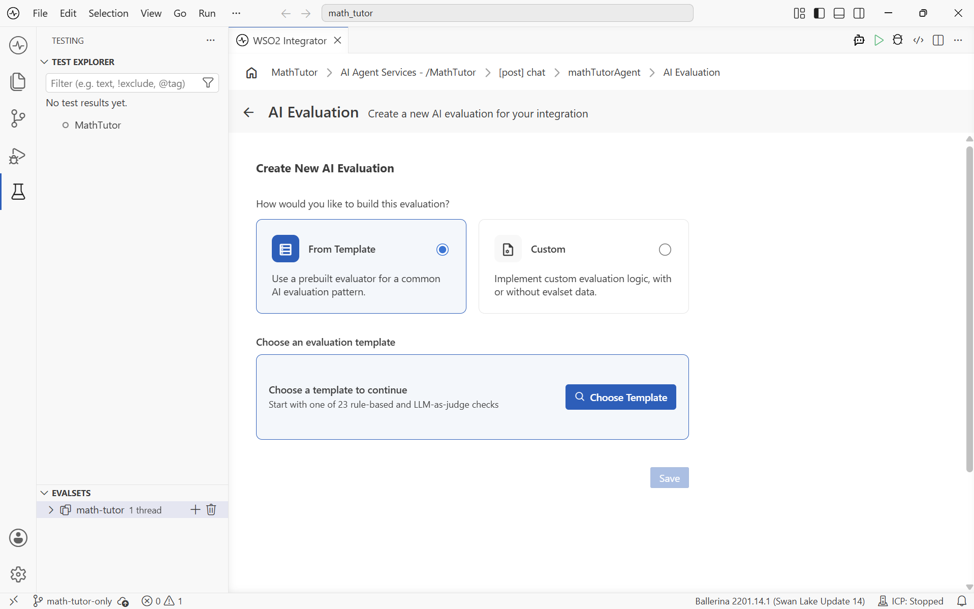 Create New AI Evaluation form with From Template selected and a Choose Template button under Choose an evaluation template.