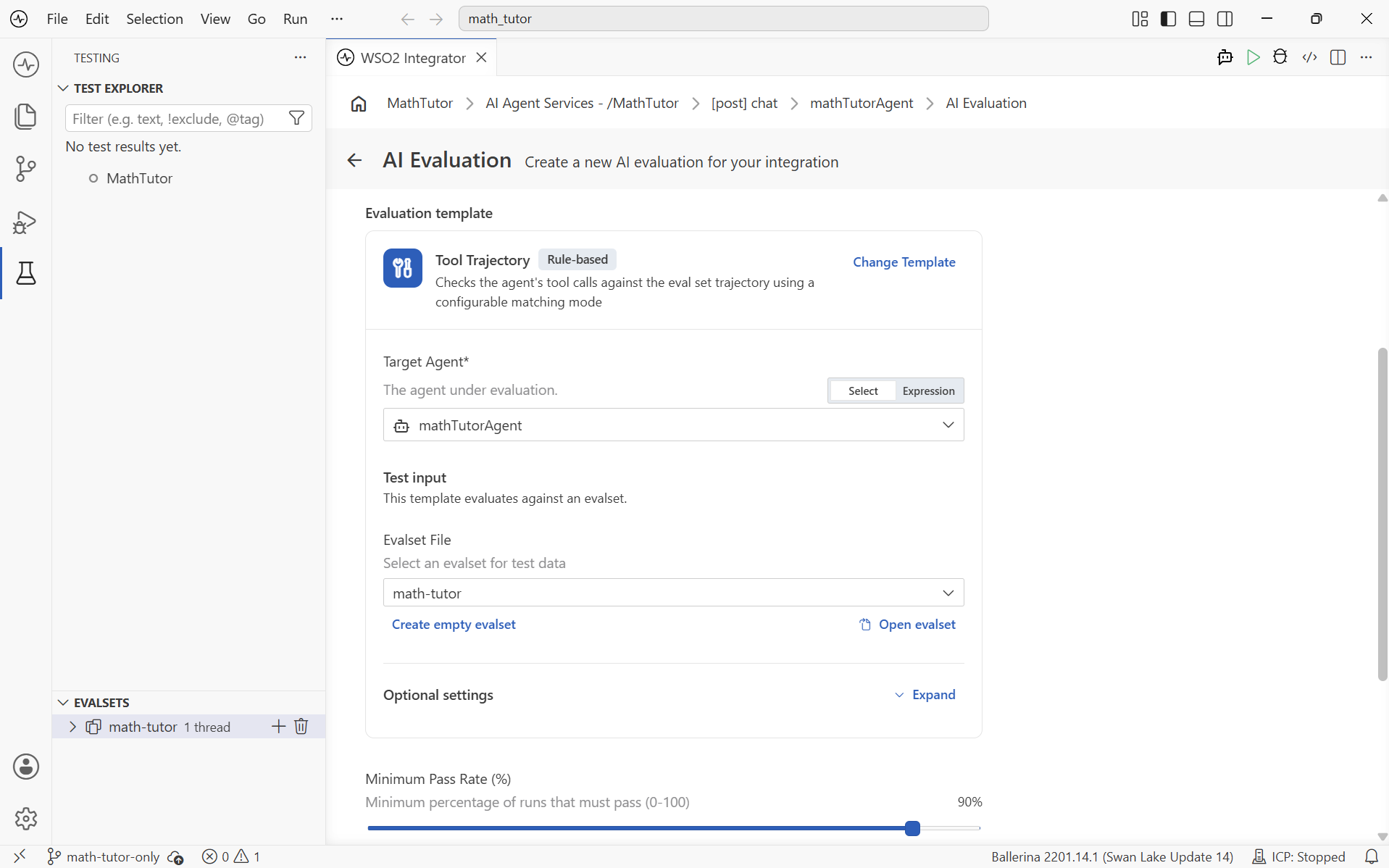Tool Trajectory template configuration card with Target Agent set to mathTutorAgent, Evalset File set to math-tutor, Optional settings, and Minimum Pass Rate set to 90%.