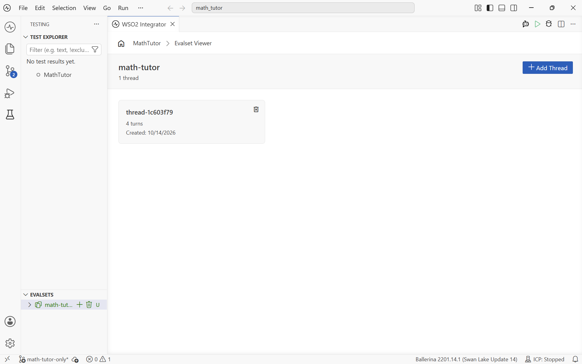 Test Explorer with the math-tutor evalset in the Evalsets panel, and the Evalset Viewer open on the right listing its thread-1c603f79 thread.