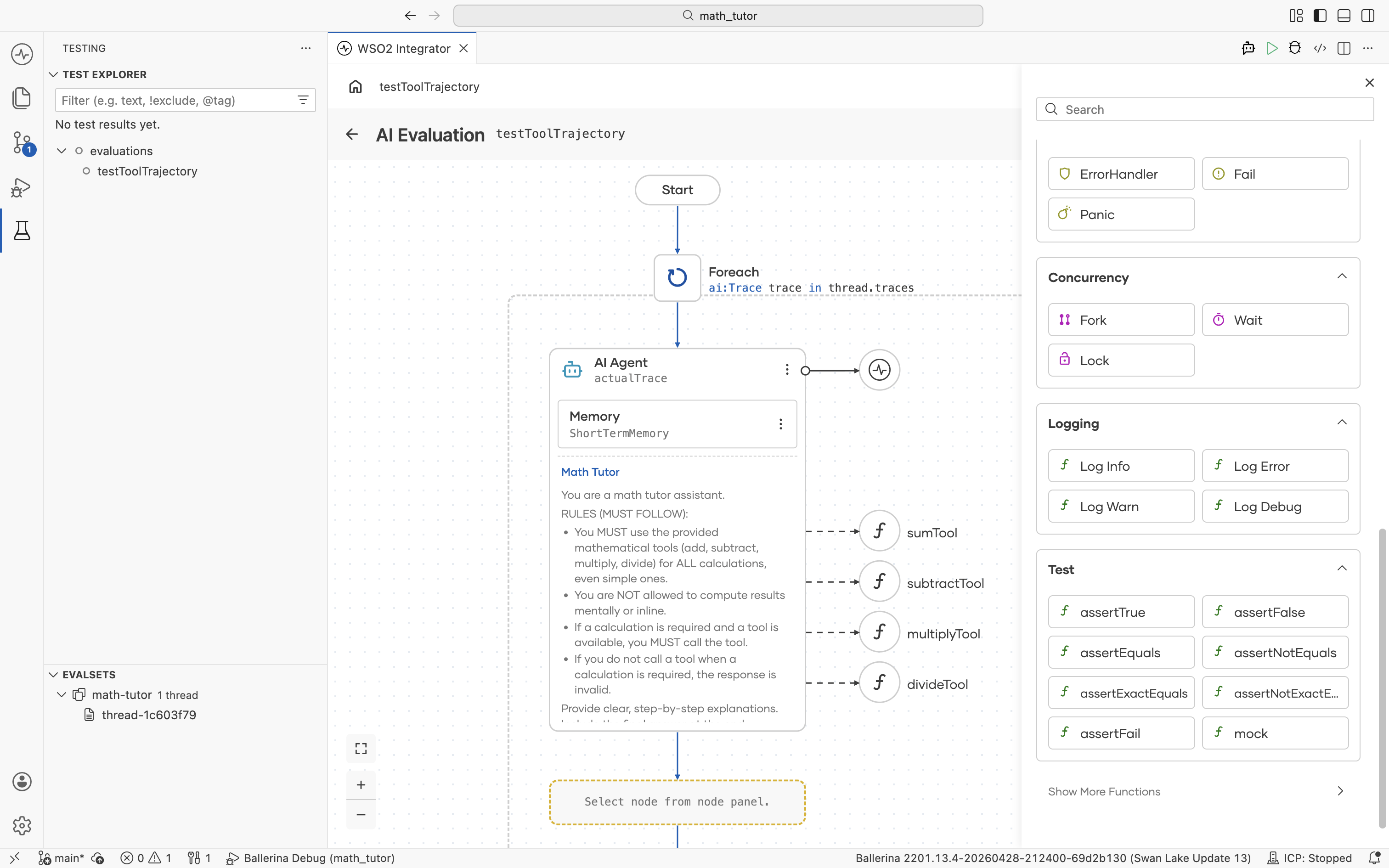 Node panel scrolled to the Test category showing the available assertion functions.