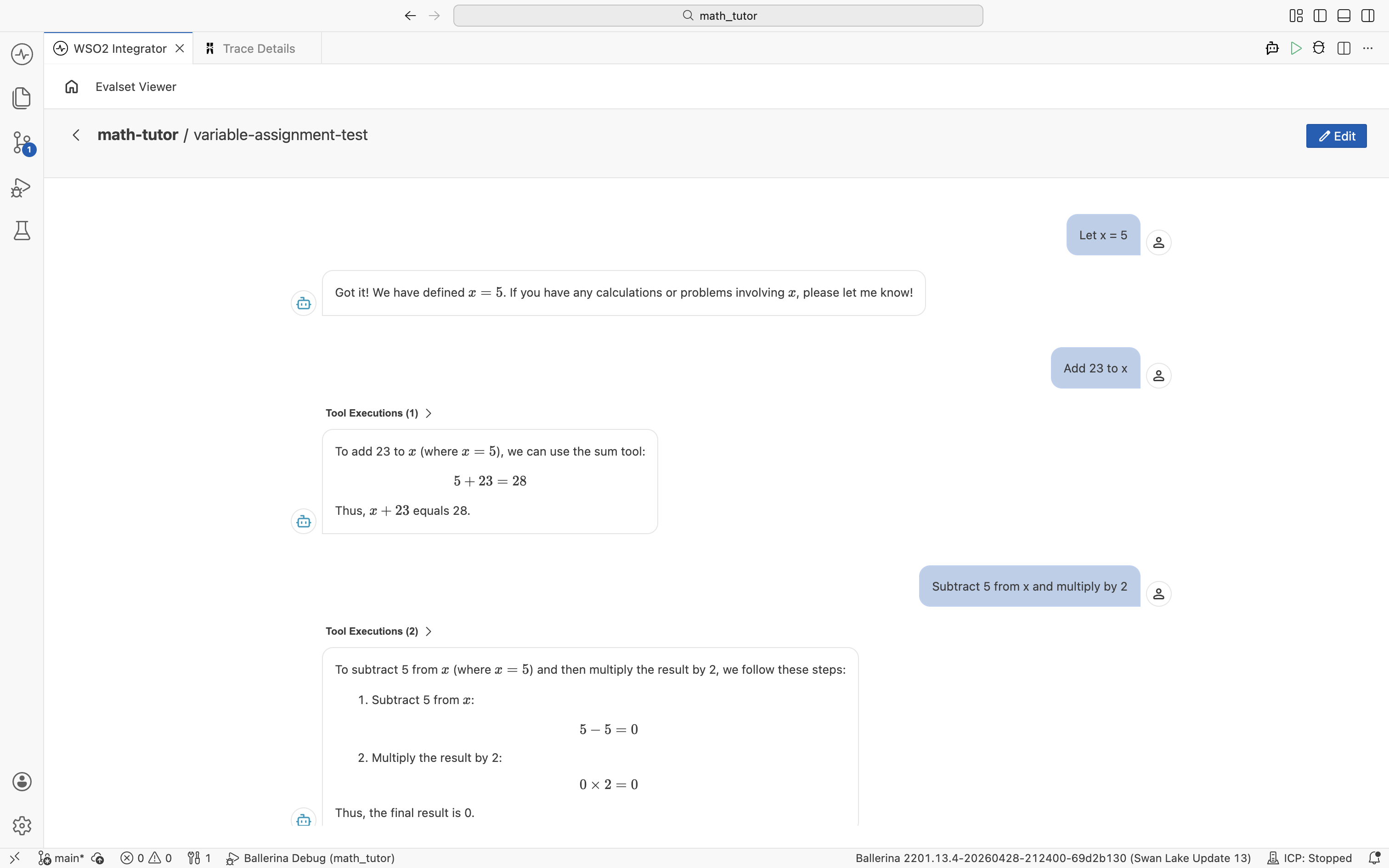 Evalset Viewer showing the math-tutor variable-assignment-test thread with user messages, agent responses, and tool executions.
