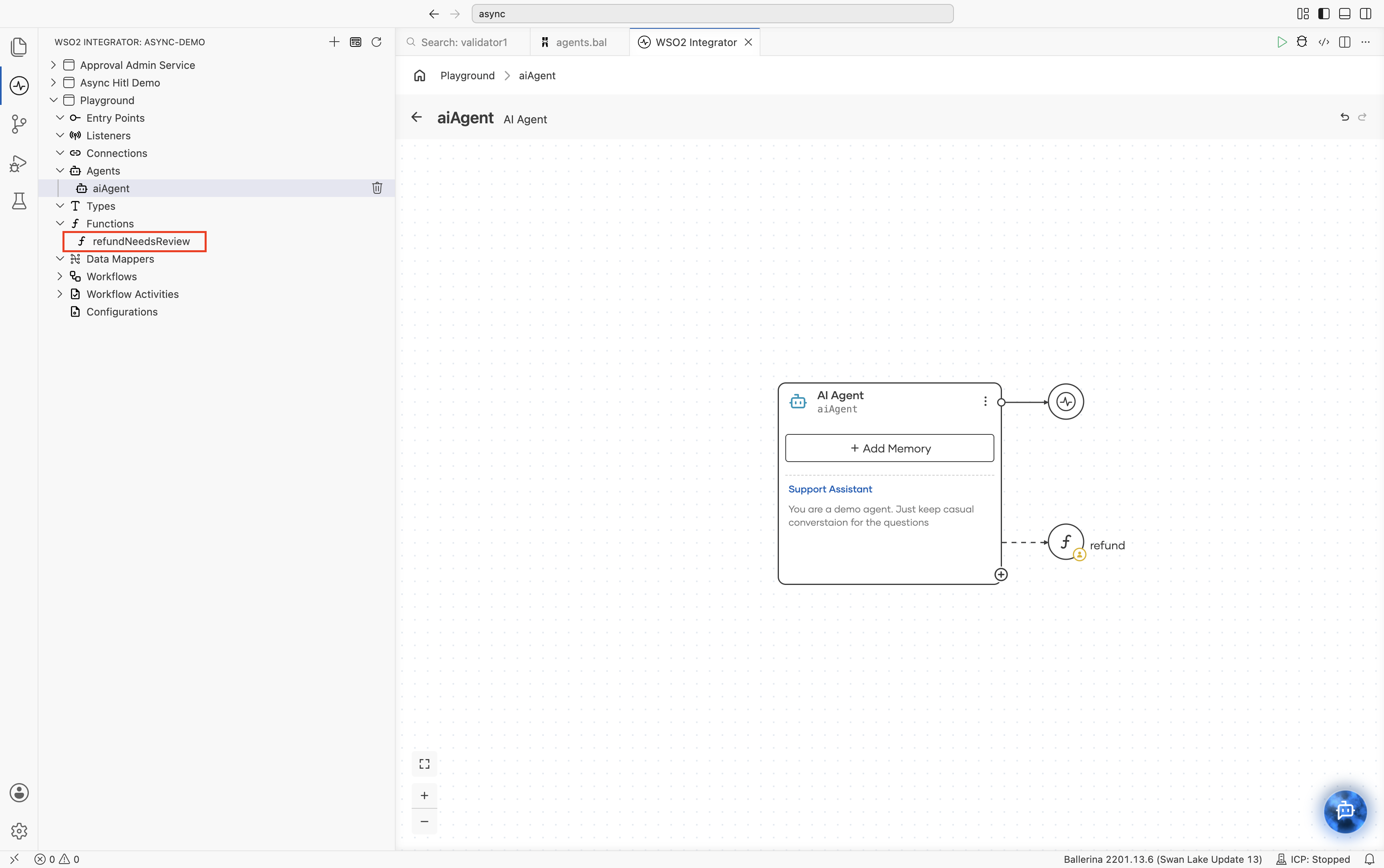 The project's function list in the left panel, with refundNeedsReview listed and about to be clicked