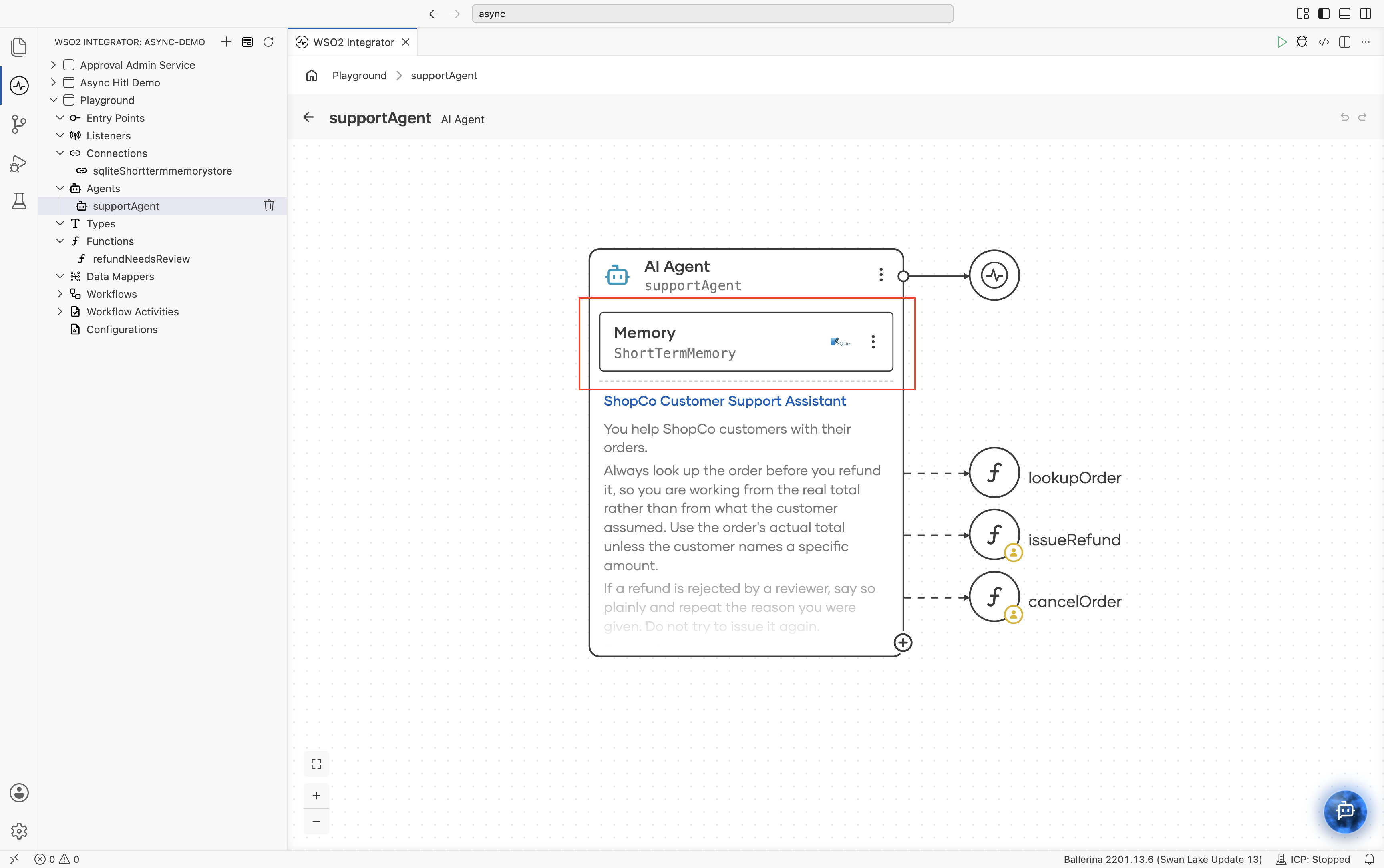 Agent node with a database-backed short-term memory store attached