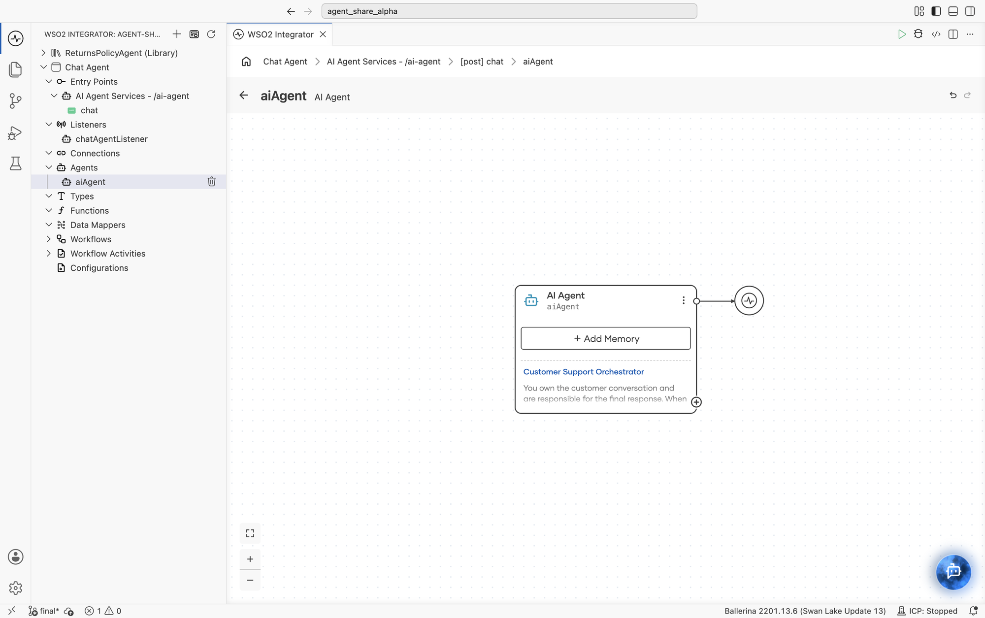 The agent node canvas for aiAgent, showing the AI Agent node with an Add Memory button and the agent's role and instructions, and a + button on the edge of the node.