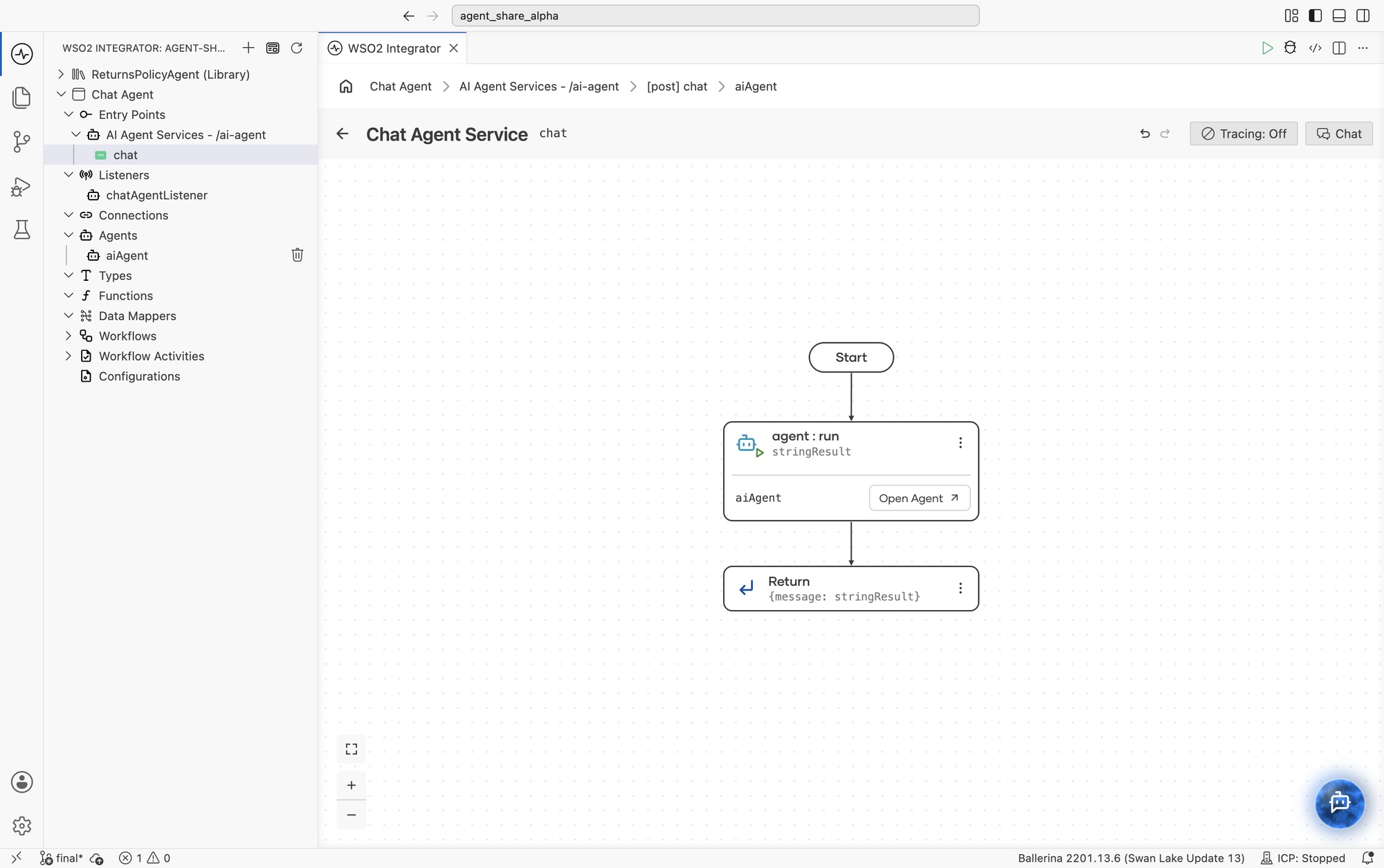 The Chat Agent Service flow showing Start, an agent:run node for aiAgent with an Open Agent button, and Return.